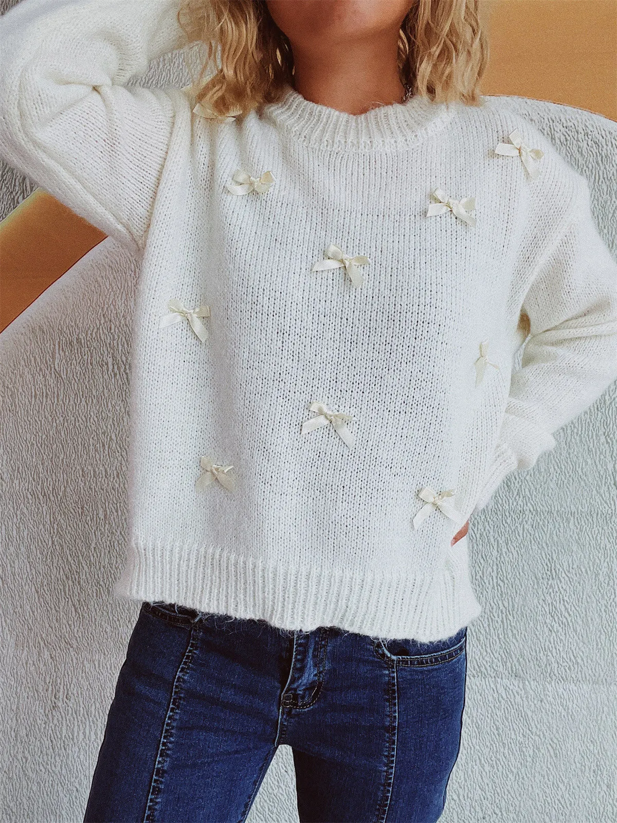 🌟 Bow Trim Round Neck Long Sleeve Sweater 🌟