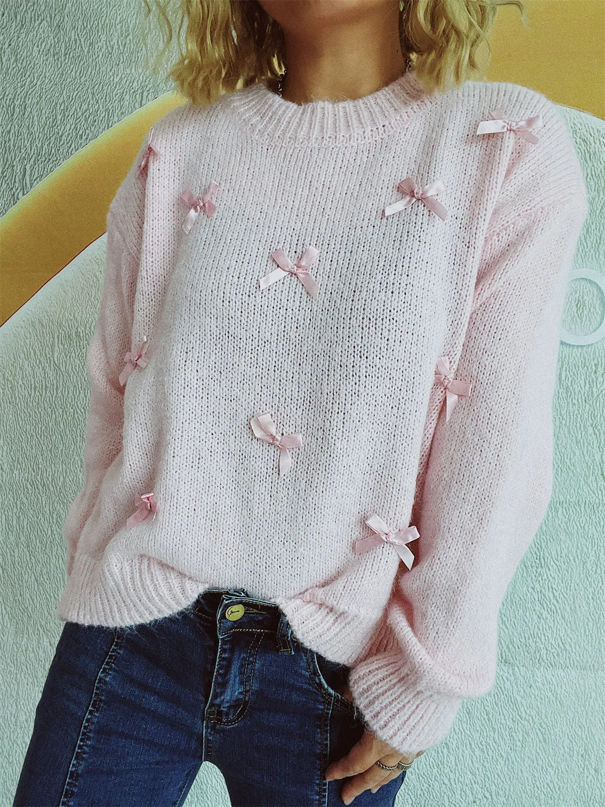 🌟 Bow Trim Round Neck Long Sleeve Sweater 🌟