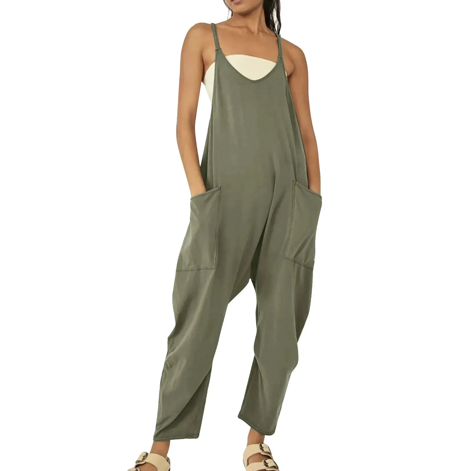 2023 Spring New Women's Casual Pocket Pants Solid Loose Strap Straight Jumpsuit  Solid Color Ruffled Off Shoulder Overalls