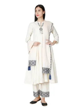 3-Piece (Anarkali, Palazzo, Dupatta) Ivory-Blue Cross Stitch Voile Mulmul Cotton Set