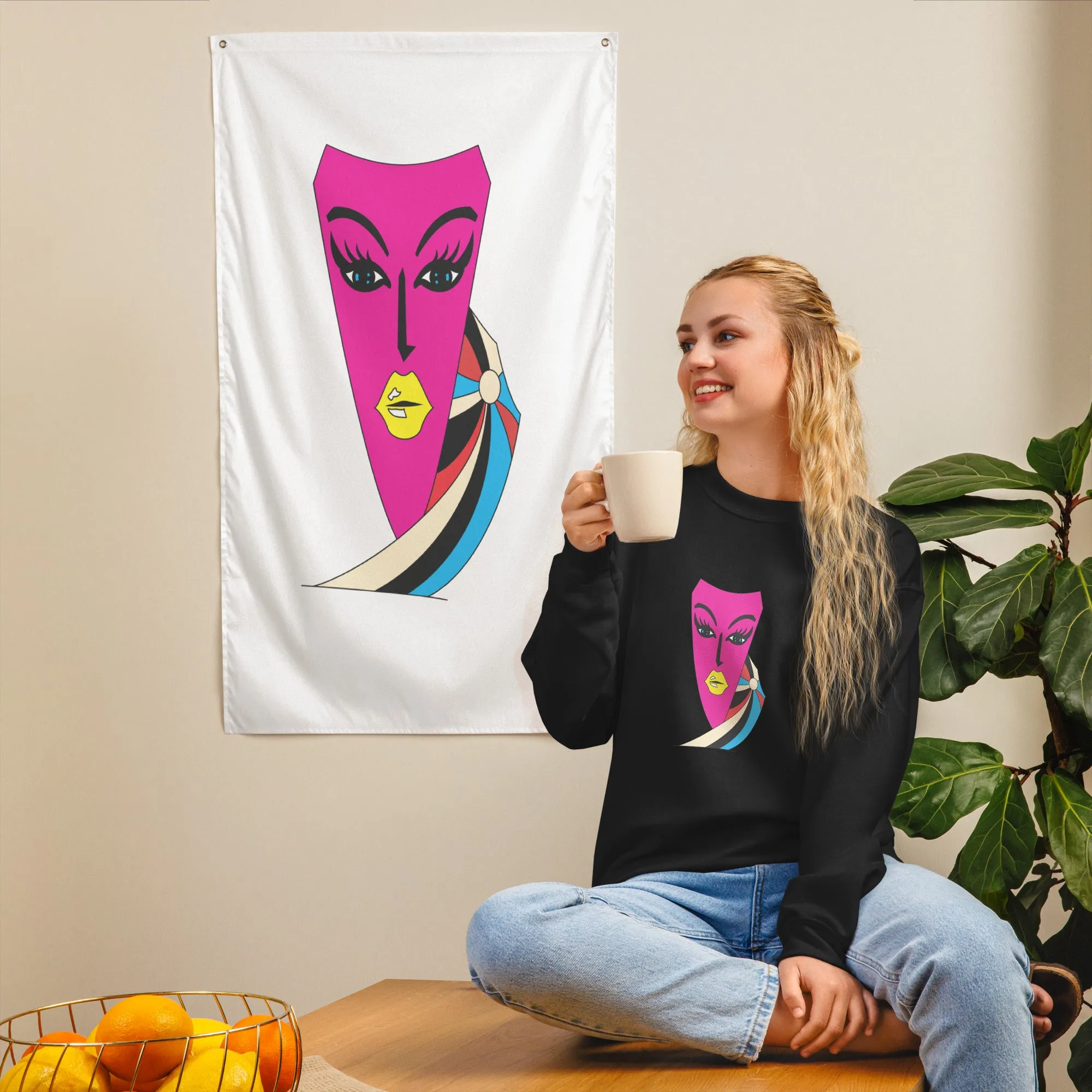 Abstract Face Art Print Sweatshirt, Pink Art Print Sweatshirt, Graphic Print sweater, Relaxed fit sweater