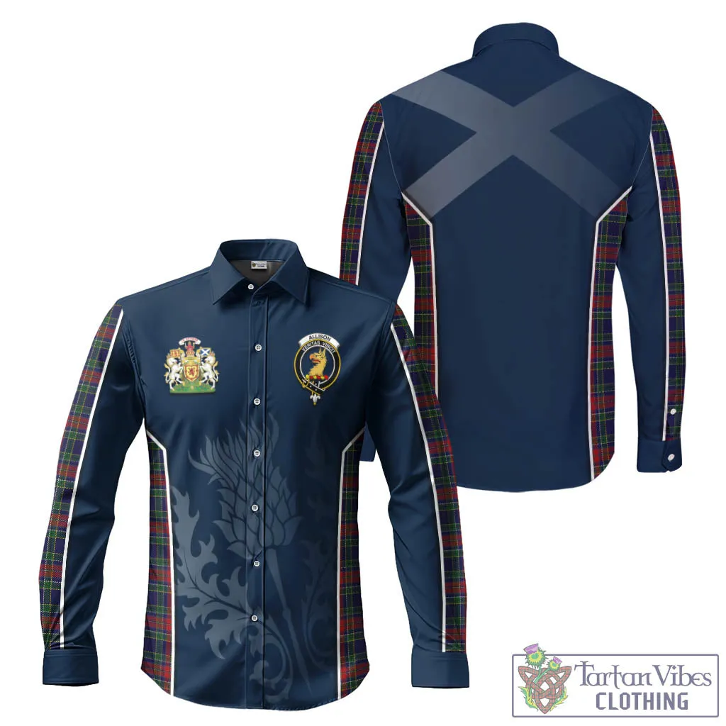 Allison Red Tartan Long Sleeve Button Up Shirt with Family Crest and Scottish Thistle Vibes Sport Style