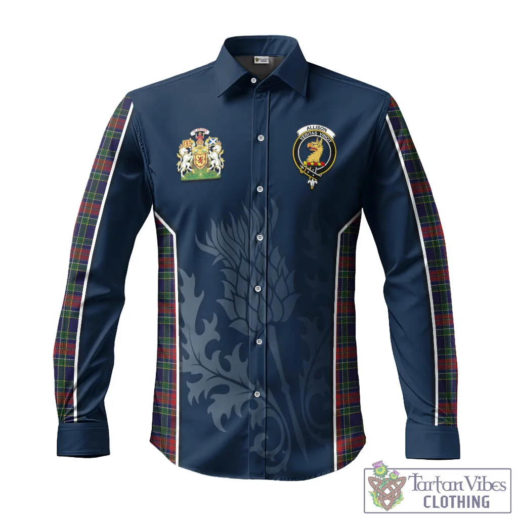 Allison Red Tartan Long Sleeve Button Up Shirt with Family Crest and Scottish Thistle Vibes Sport Style