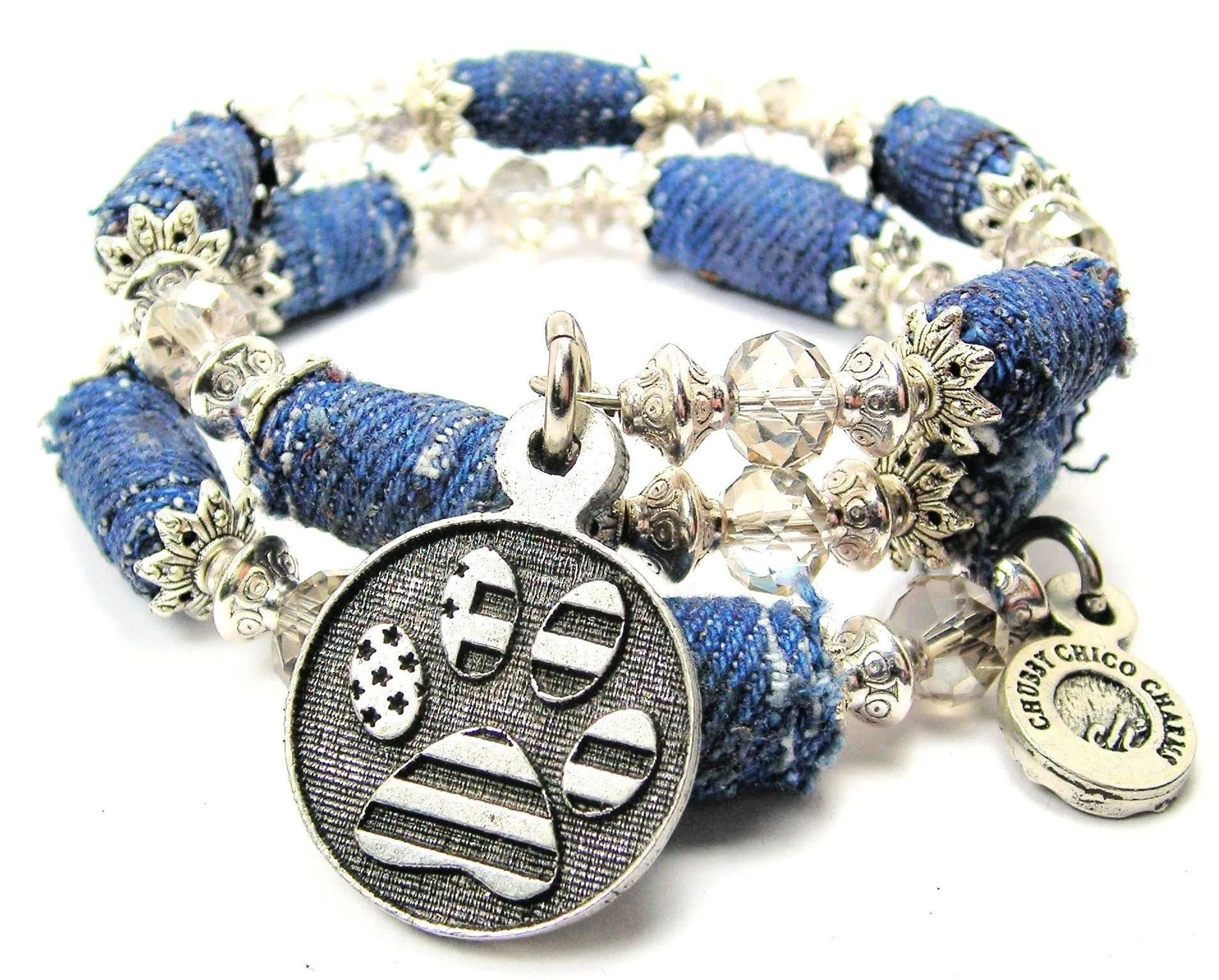 American Flag Paw Print Blue Jean Beaded Wrap Bracelet