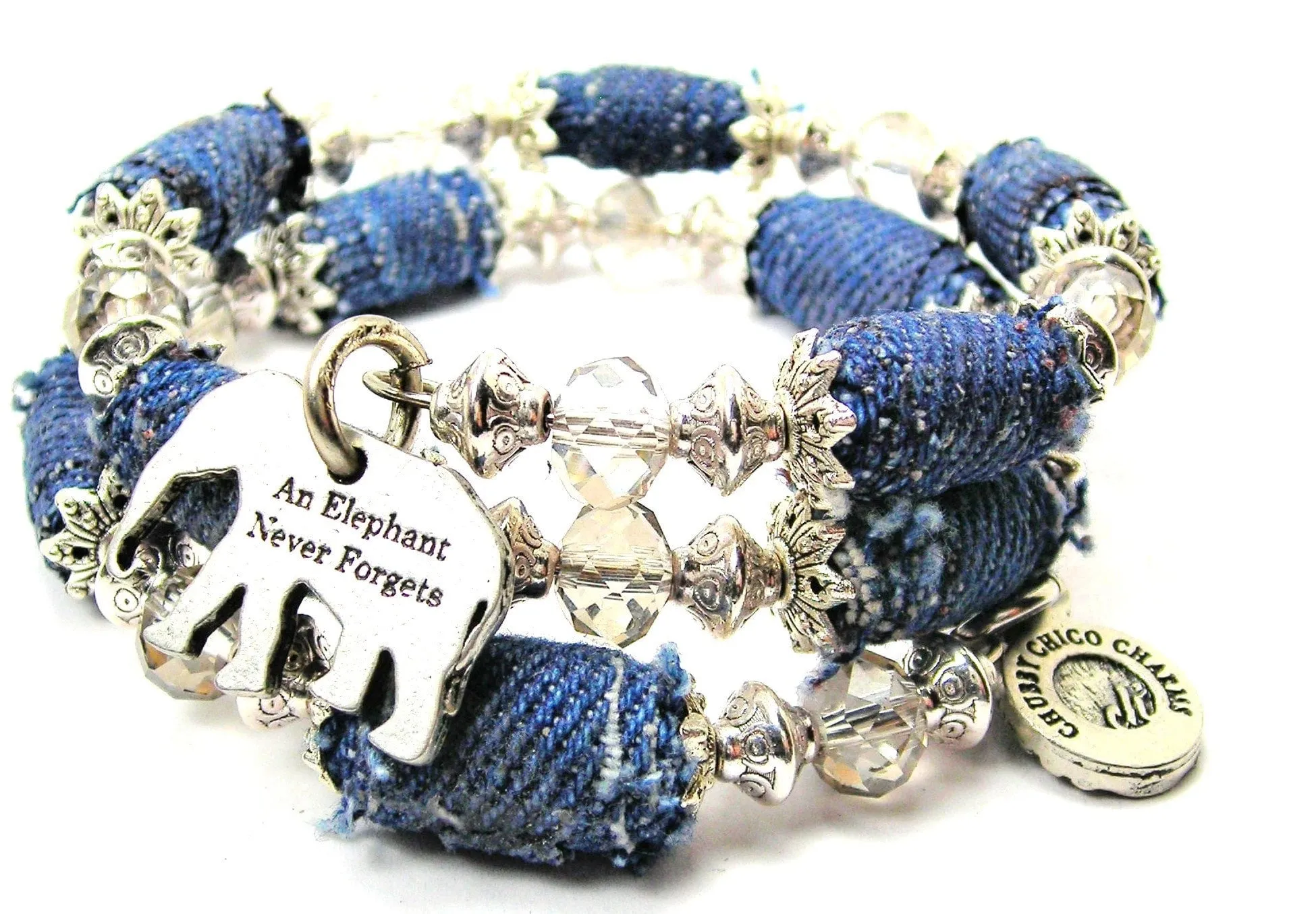 An Elephant Never Forgets Blue Jean Beaded Wrap Bracelet