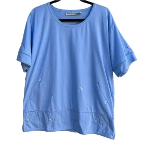 Anne Fashion Women's Light Blue Embroidered Cotton Blend Short Sleeve Top - XXL