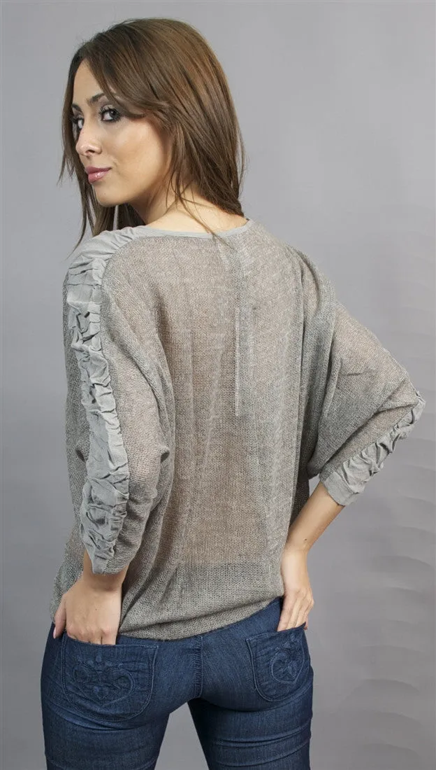 Aryn K. Short Sleeve Crochet Pullover with Ruched Panel Accents in Grey