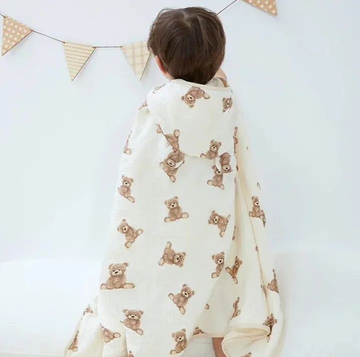 Baby Hooded Muslin Bath Towel Sitting Bears