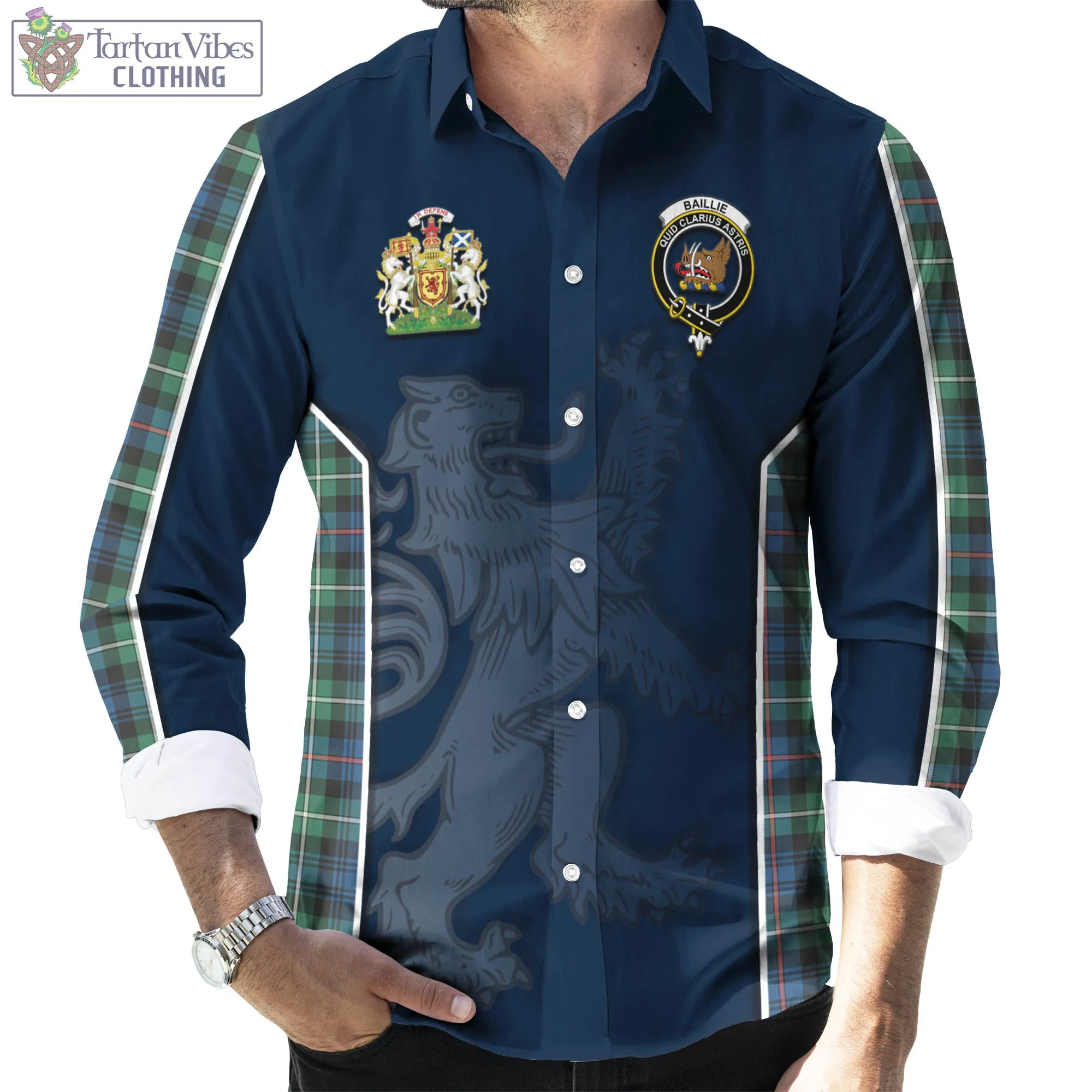 Baillie Ancient Tartan Long Sleeve Button Up Shirt with Family Crest and Lion Rampant Vibes Sport Style