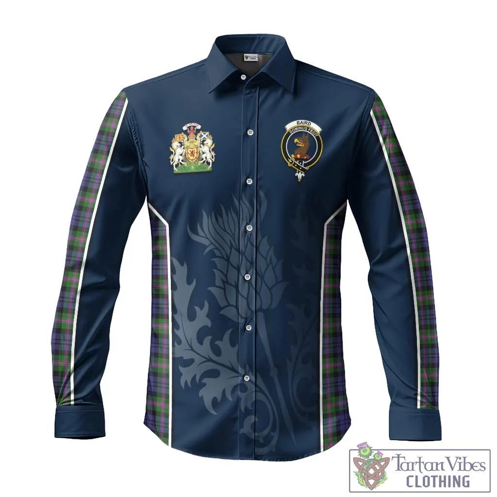 Baird Modern Tartan Long Sleeve Button Up Shirt with Family Crest and Scottish Thistle Vibes Sport Style