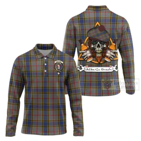 Balfour Tartan Long Sleeve Polo Shirt with Family Crest and Bearded Skull Holding Bottles of Whiskey