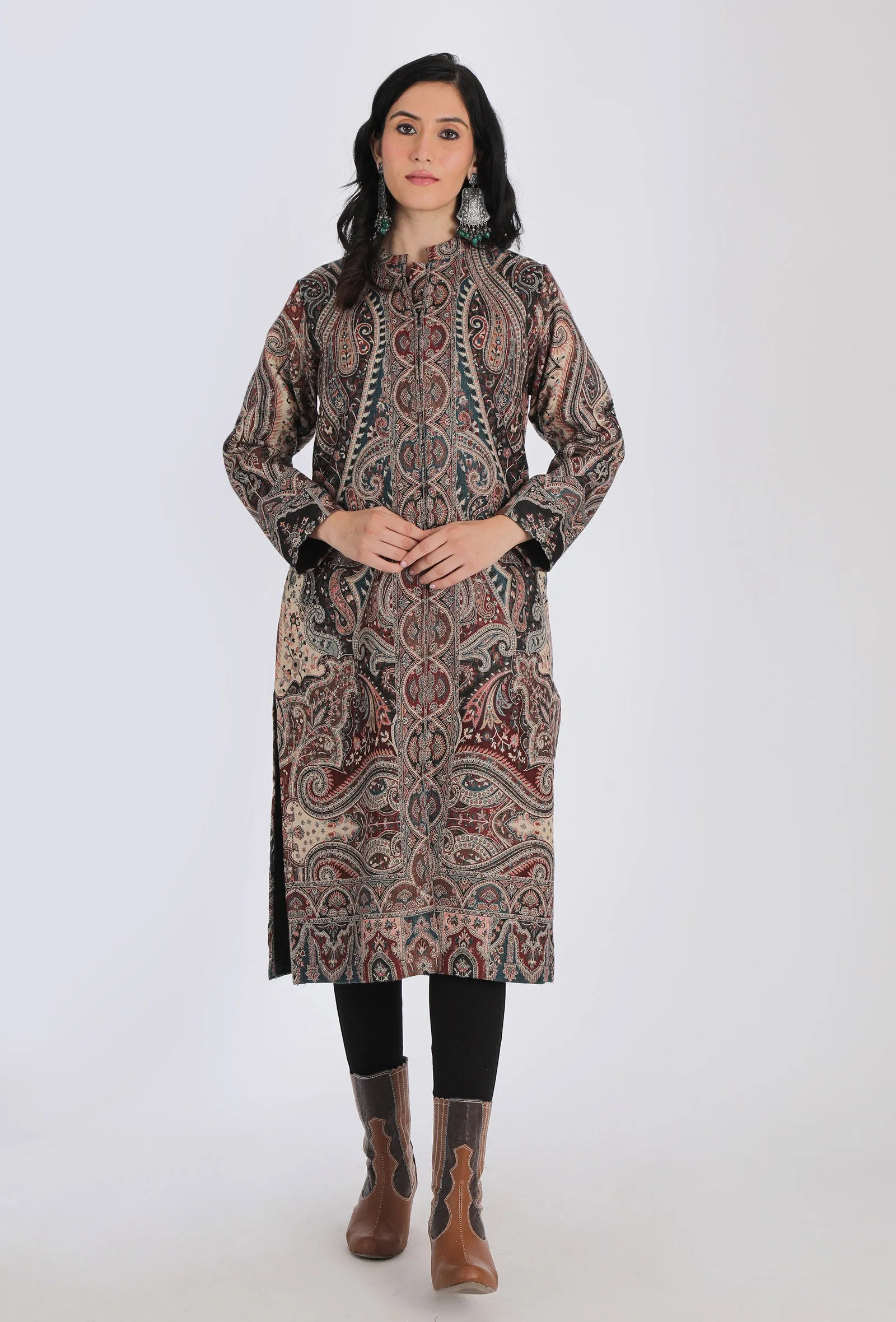 Bareen Black Kani Jamavar Long Coat Outer Jacket