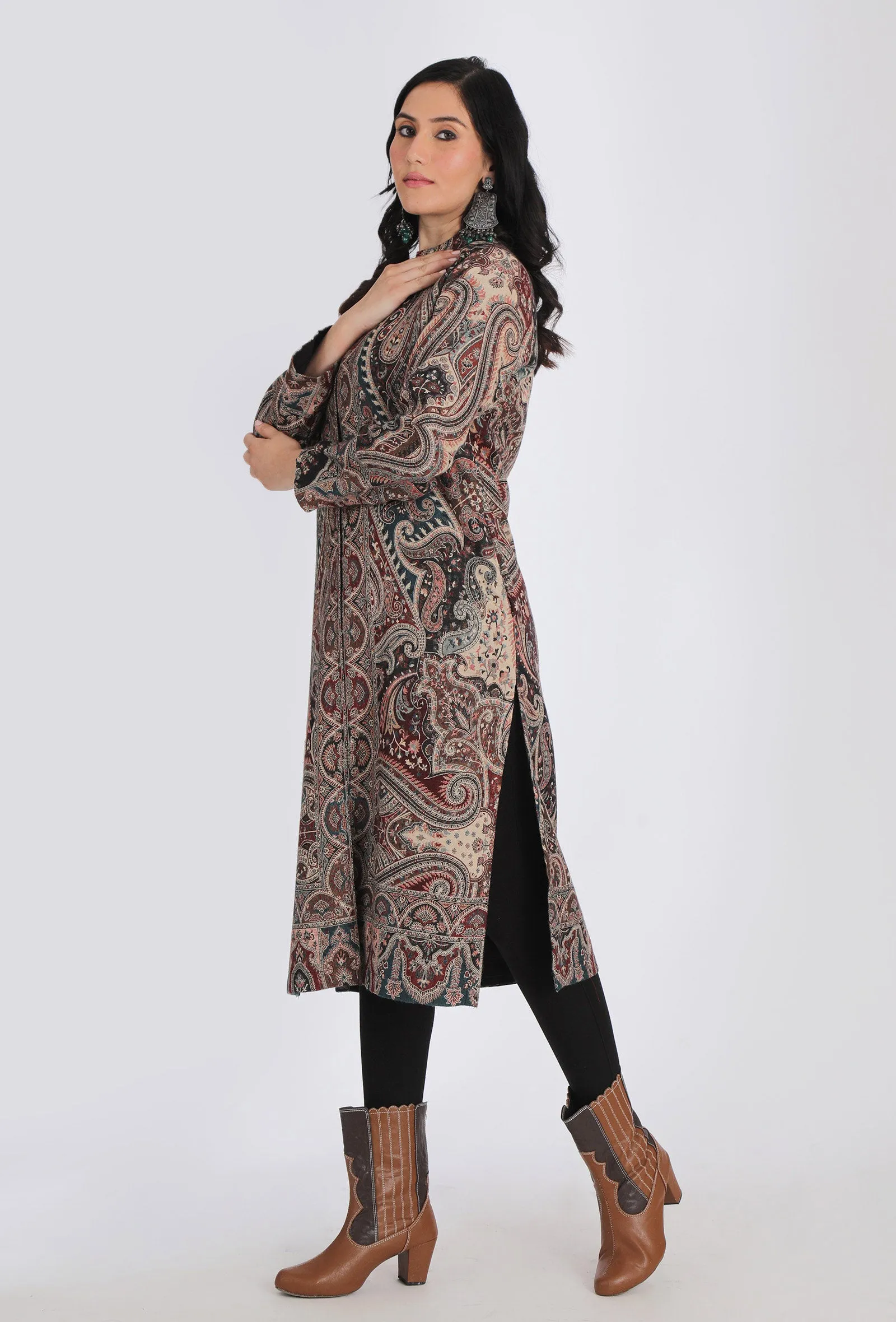 Bareen Black Kani Jamavar Long Coat Outer Jacket