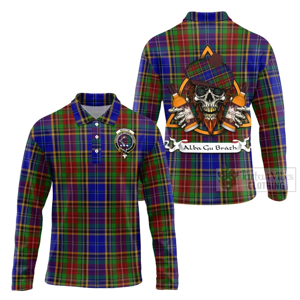 Beattie (Beatty) Tartan Long Sleeve Polo Shirt with Family Crest and Bearded Skull Holding Bottles of Whiskey