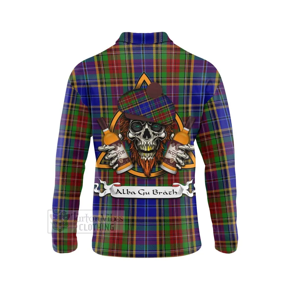 Beattie (Beatty) Tartan Long Sleeve Polo Shirt with Family Crest and Bearded Skull Holding Bottles of Whiskey