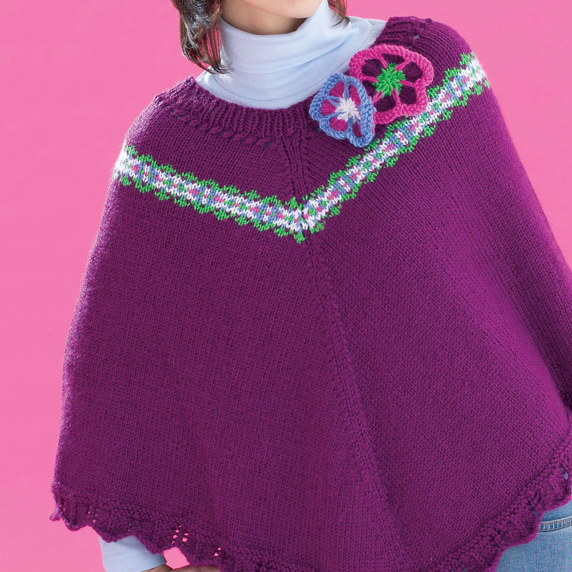 Bernat Knit Fair Isle And Flowers Poncho