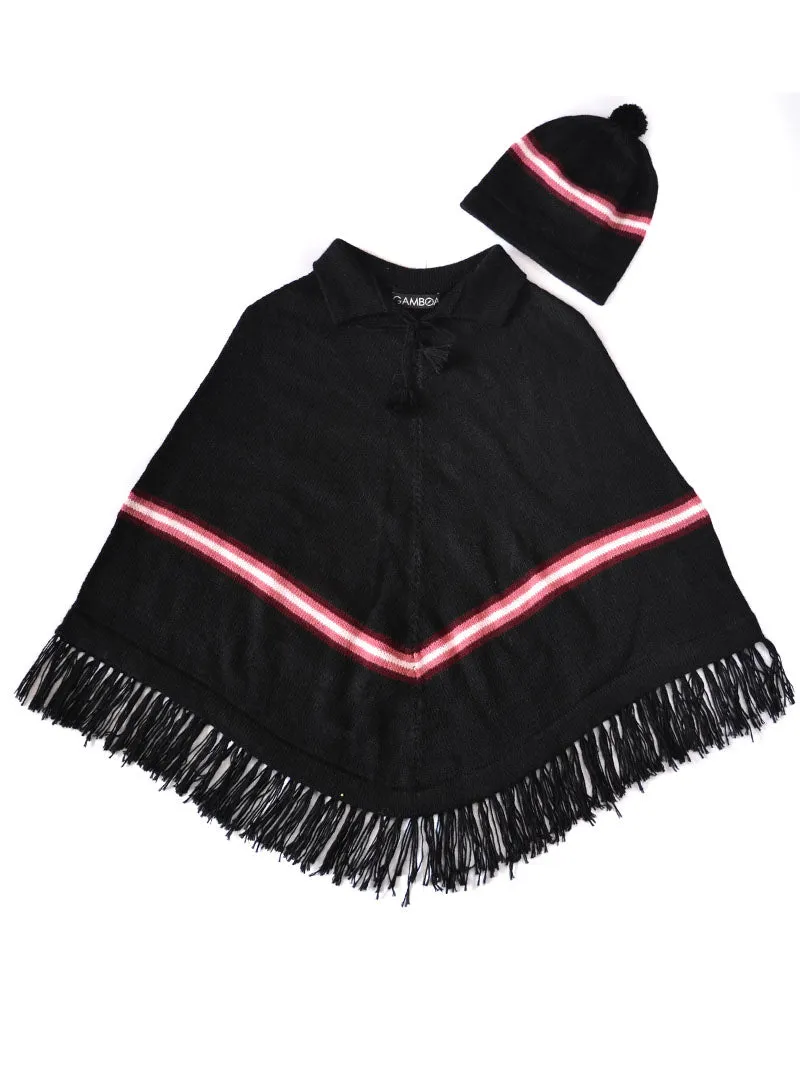 Black Alpaca Poncho with Cap for Women