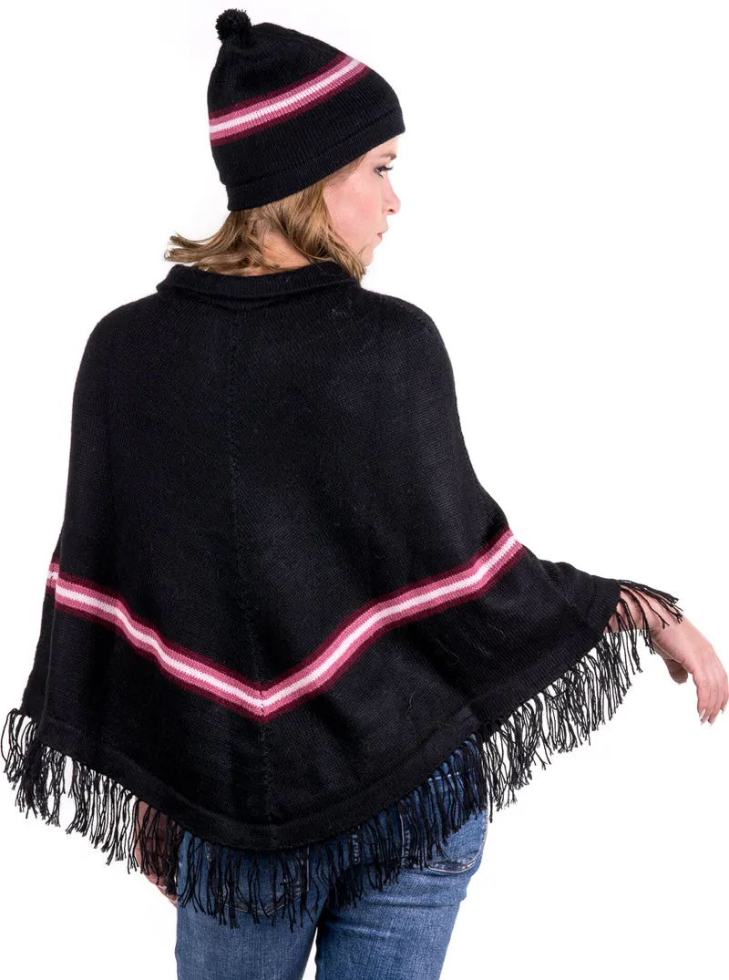 Black Alpaca Poncho with Cap for Women