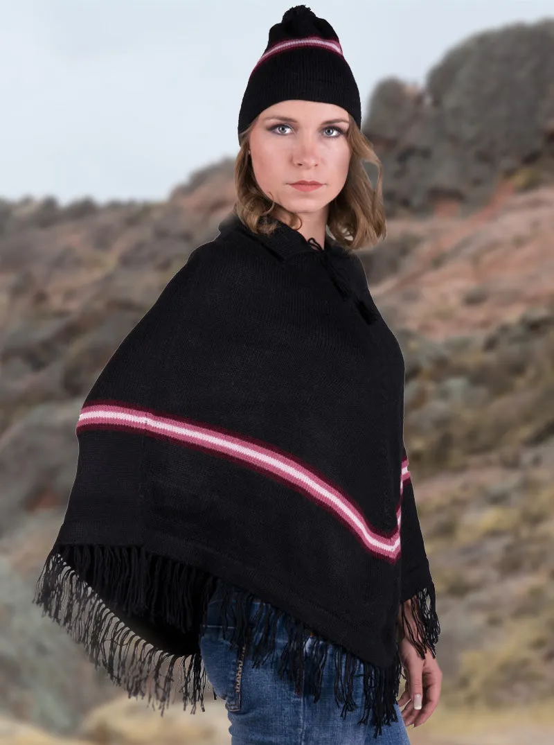 Black Alpaca Poncho with Cap for Women