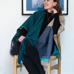 Blue Mix Colour Block Fringed Poncho Wrap