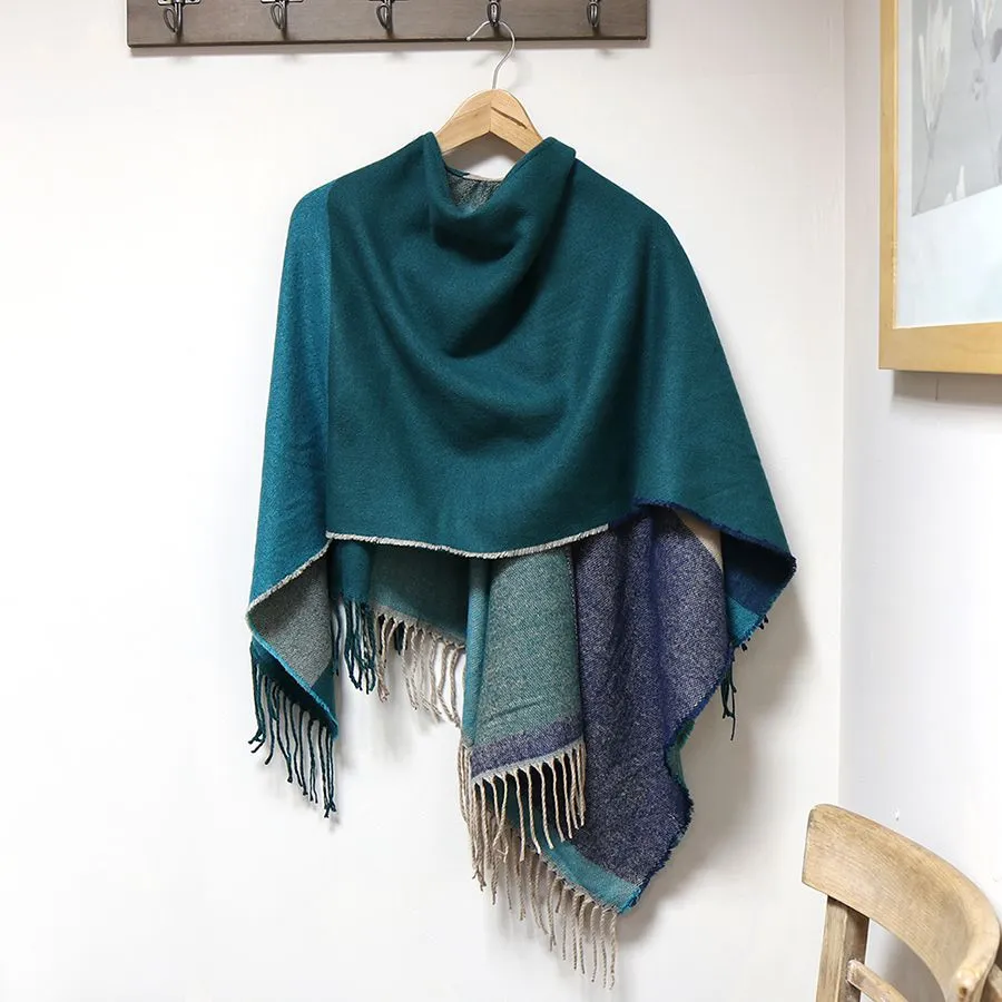 Blue Mix Colour Block Fringed Poncho Wrap