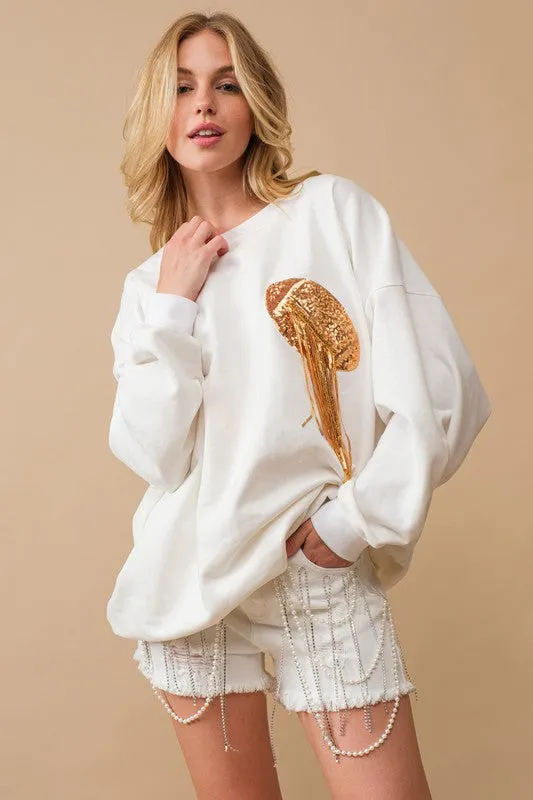 Bohemian Fleece Terry Football Sequin Patch Sweatshirt