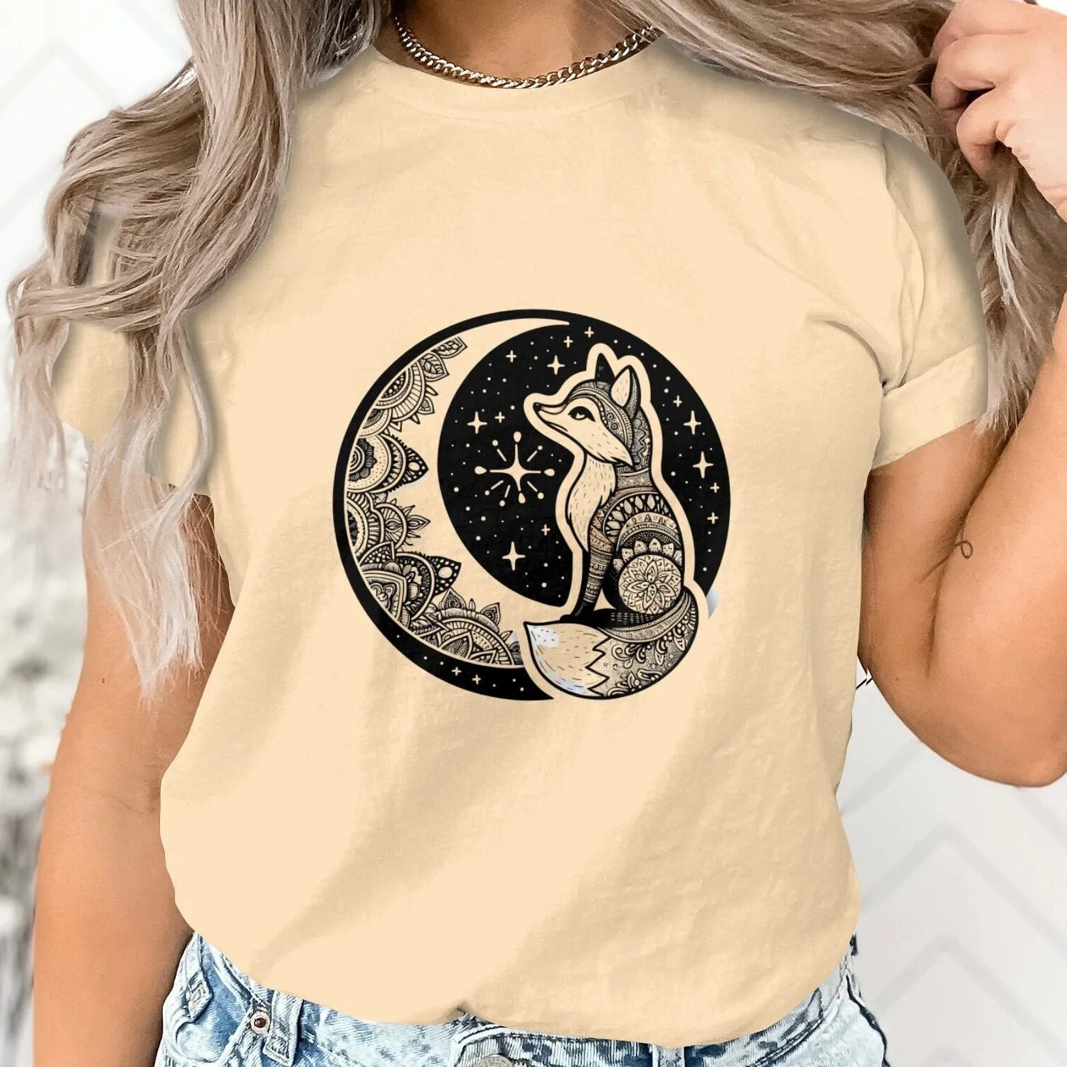 Bohemian Fox Sweatshirt, Mandala Animal Art, Black and White, Casual Graphic Tee, Starry Night Nature Inspired, Unisex Top