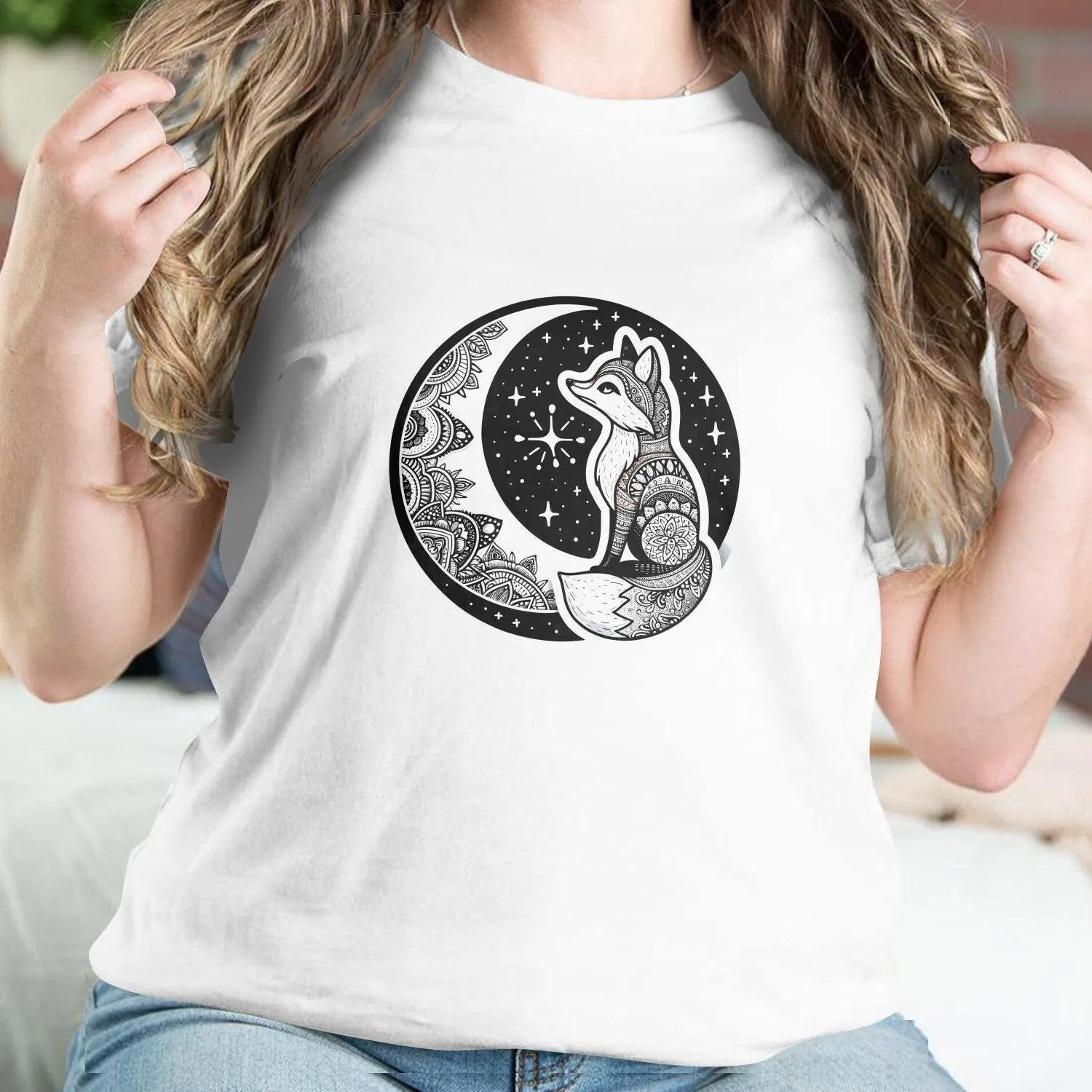 Bohemian Fox Sweatshirt, Mandala Animal Art, Black and White, Casual Graphic Tee, Starry Night Nature Inspired, Unisex Top