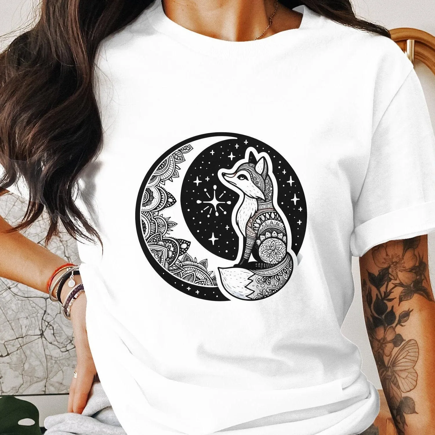 Bohemian Fox Sweatshirt, Mandala Animal Art, Black and White, Casual Graphic Tee, Starry Night Nature Inspired, Unisex Top