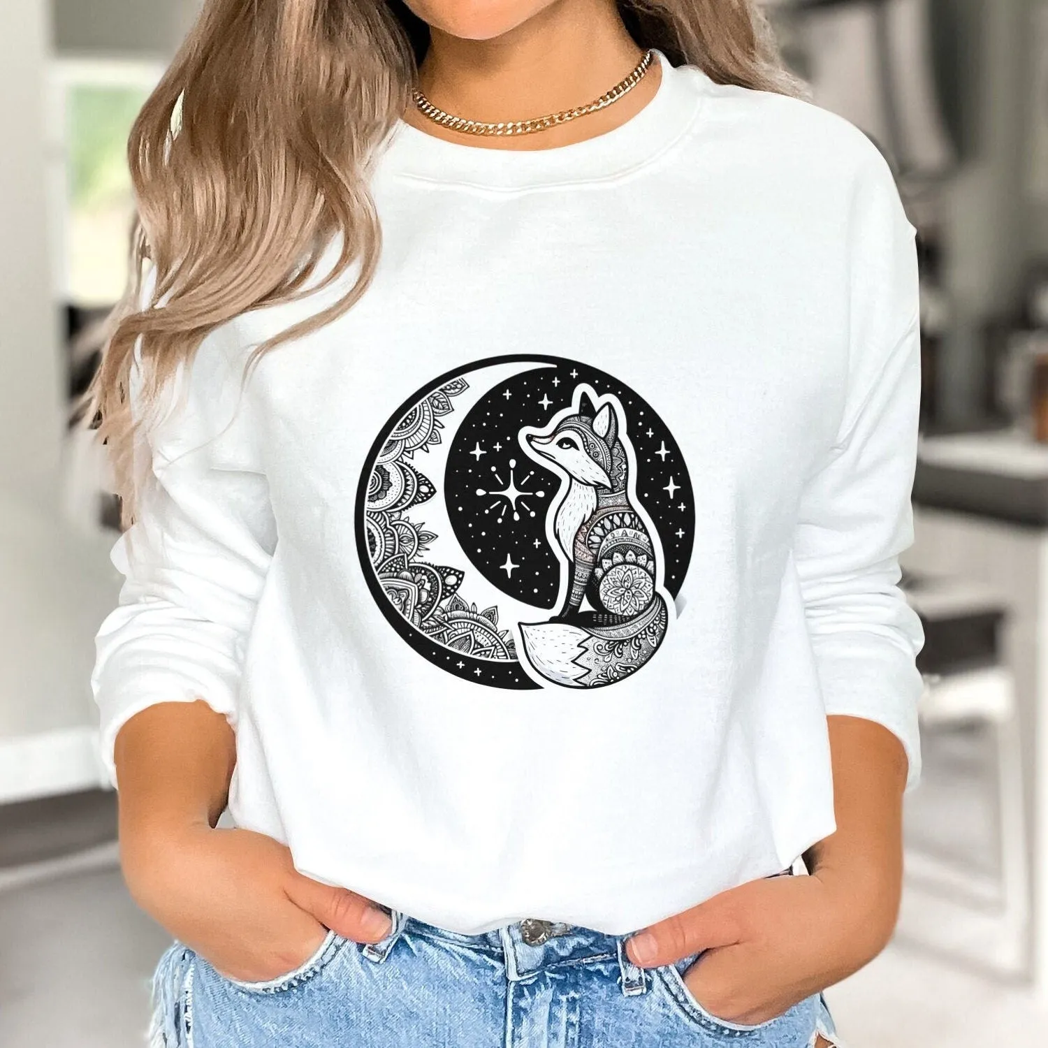 Bohemian Fox Sweatshirt, Mandala Animal Art, Black and White, Casual Graphic Tee, Starry Night Nature Inspired, Unisex Top