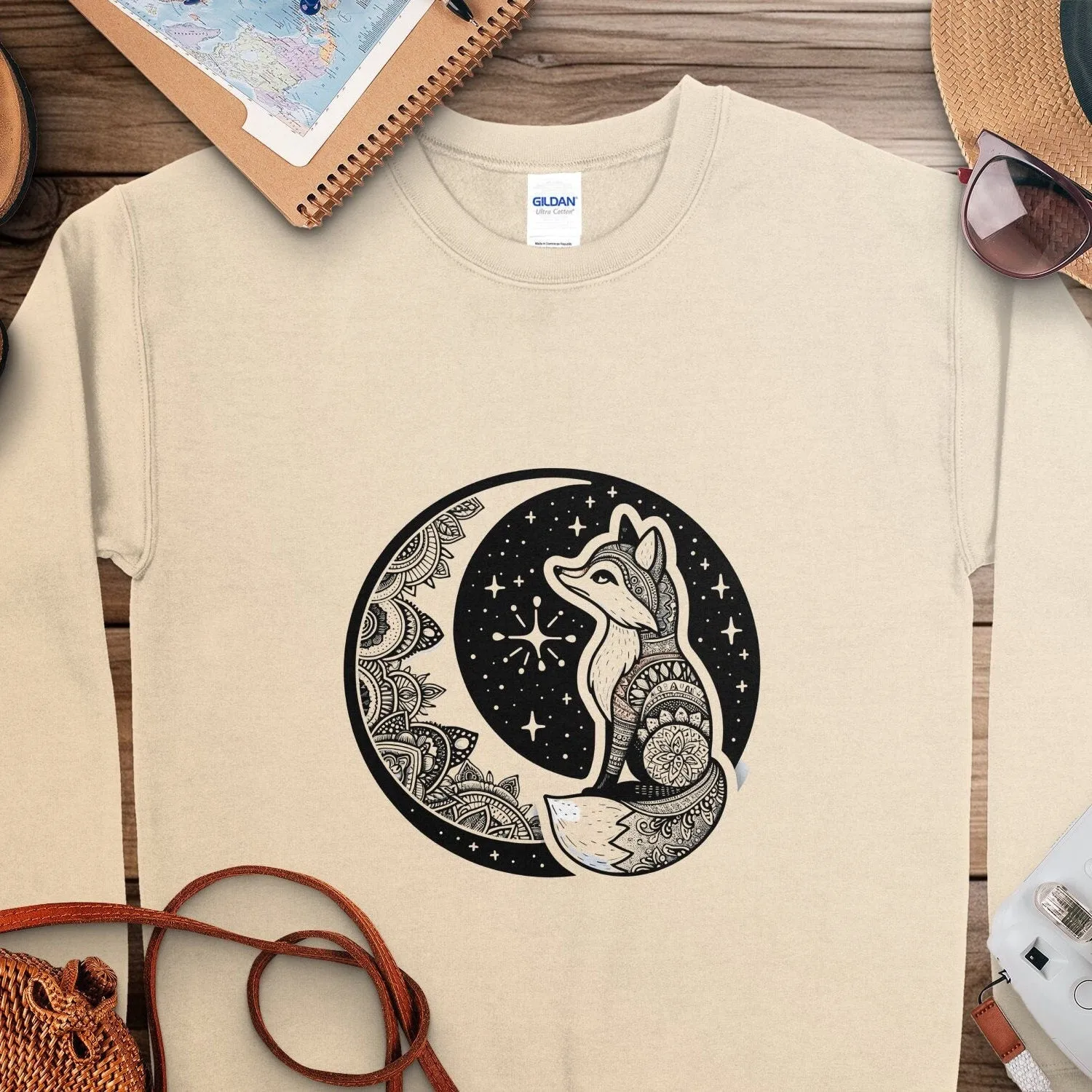 Bohemian Fox Sweatshirt, Mandala Animal Art, Black and White, Casual Graphic Tee, Starry Night Nature Inspired, Unisex Top