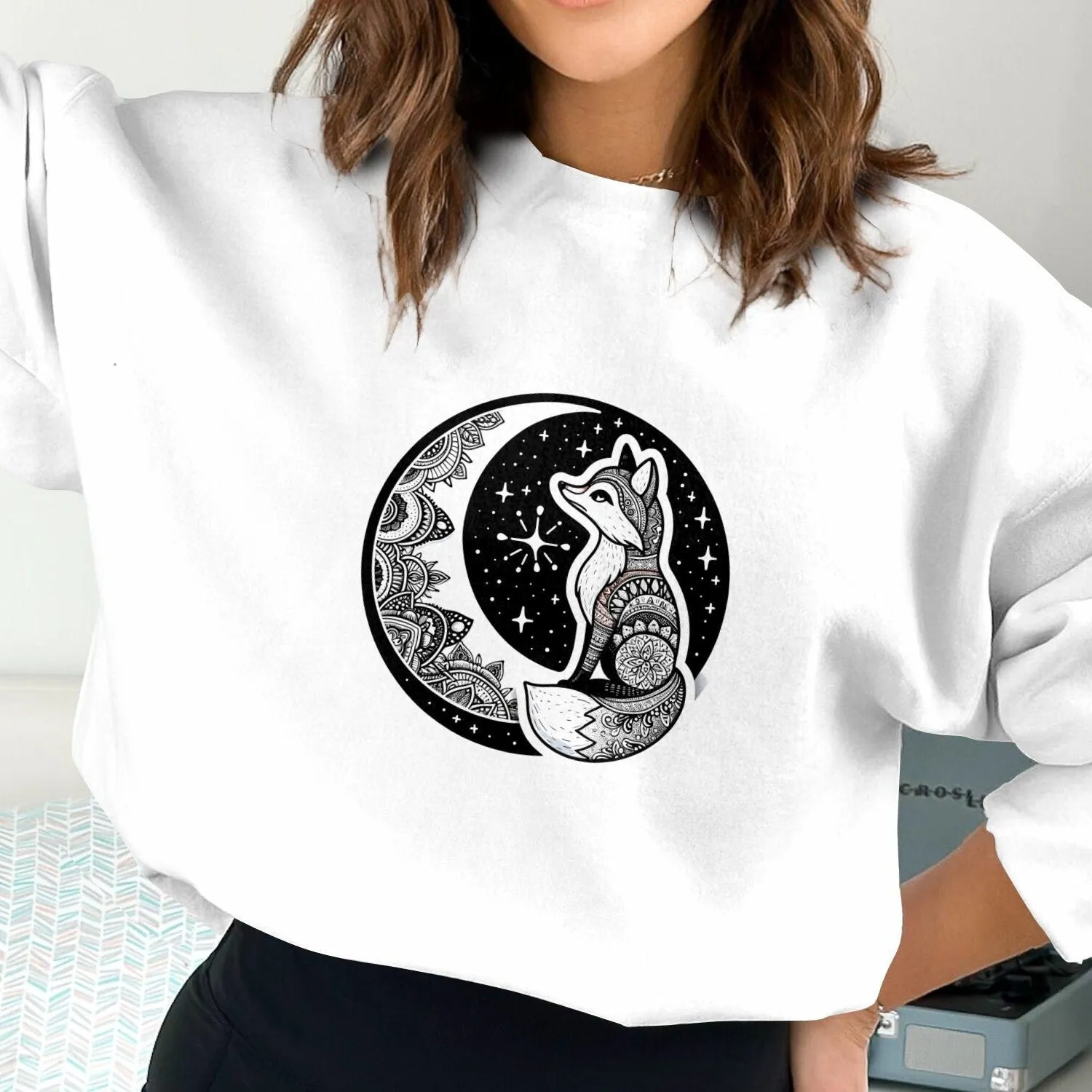 Bohemian Fox Sweatshirt, Mandala Animal Art, Black and White, Casual Graphic Tee, Starry Night Nature Inspired, Unisex Top