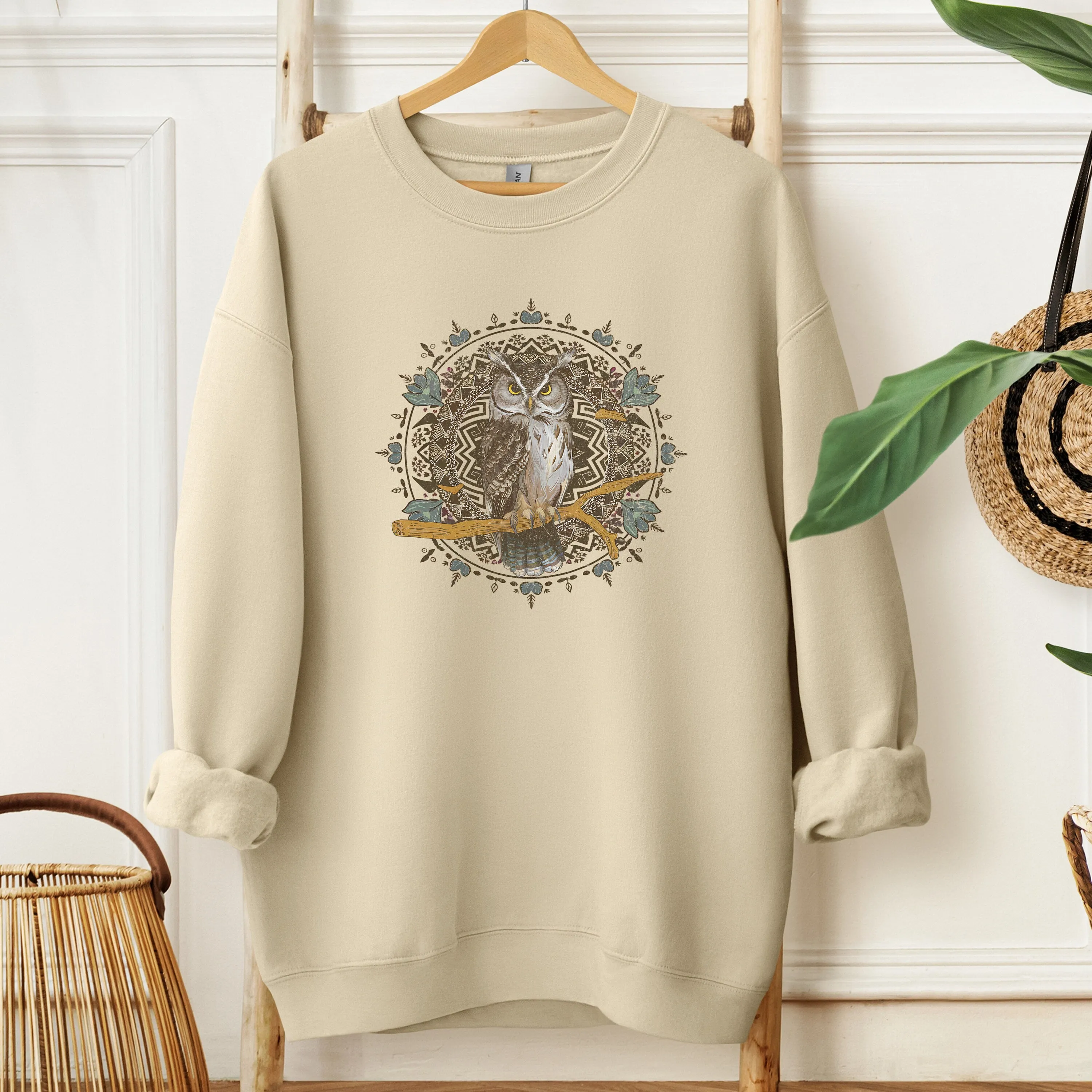 Bohemian Owl T-Shirt, Tribal Pattern Animal Print, Unisex Casual Wear, Nature Inspired Tee, Mandala Art Design Shirt, Graphic Sweatshirt