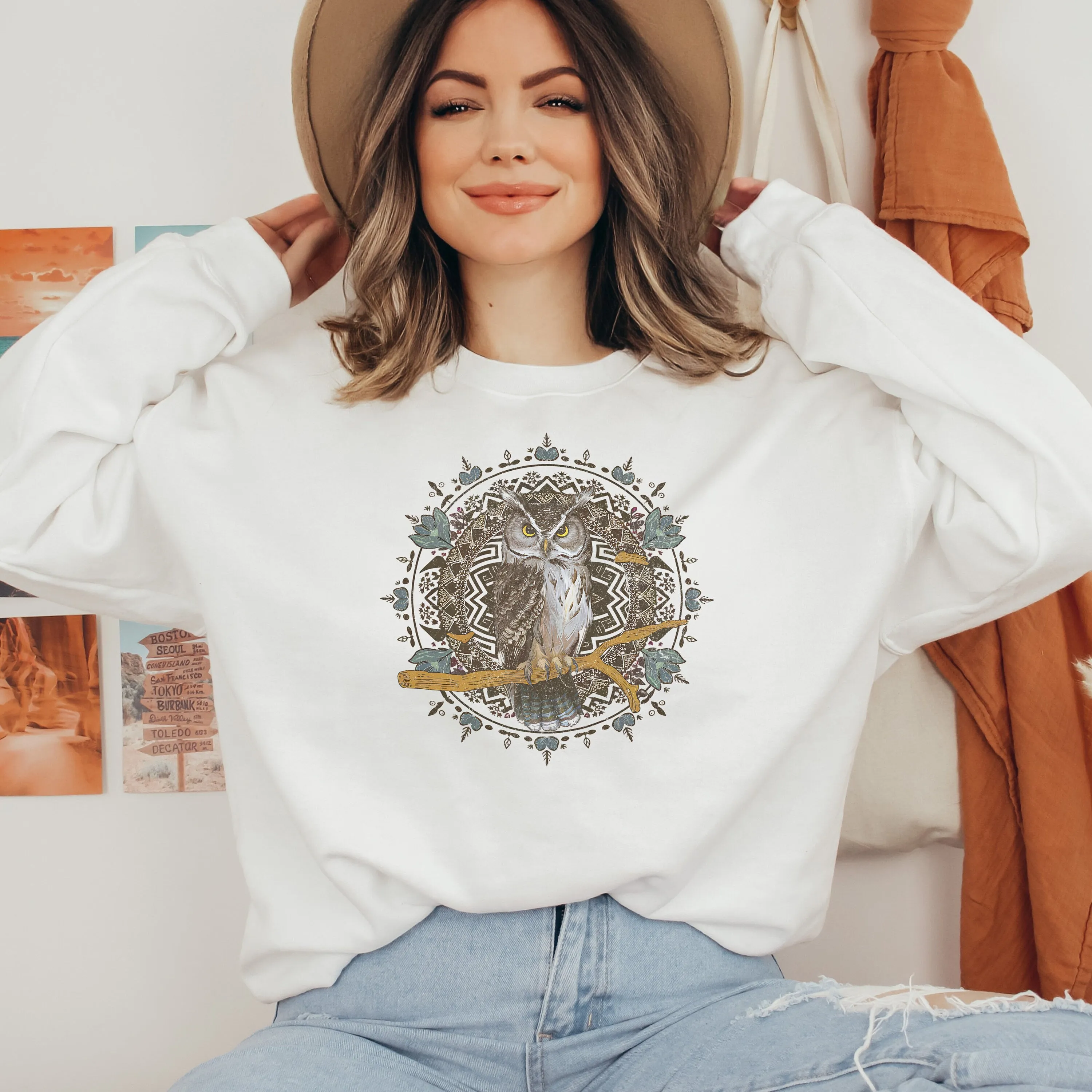 Bohemian Owl T-Shirt, Tribal Pattern Animal Print, Unisex Casual Wear, Nature Inspired Tee, Mandala Art Design Shirt, Graphic Sweatshirt