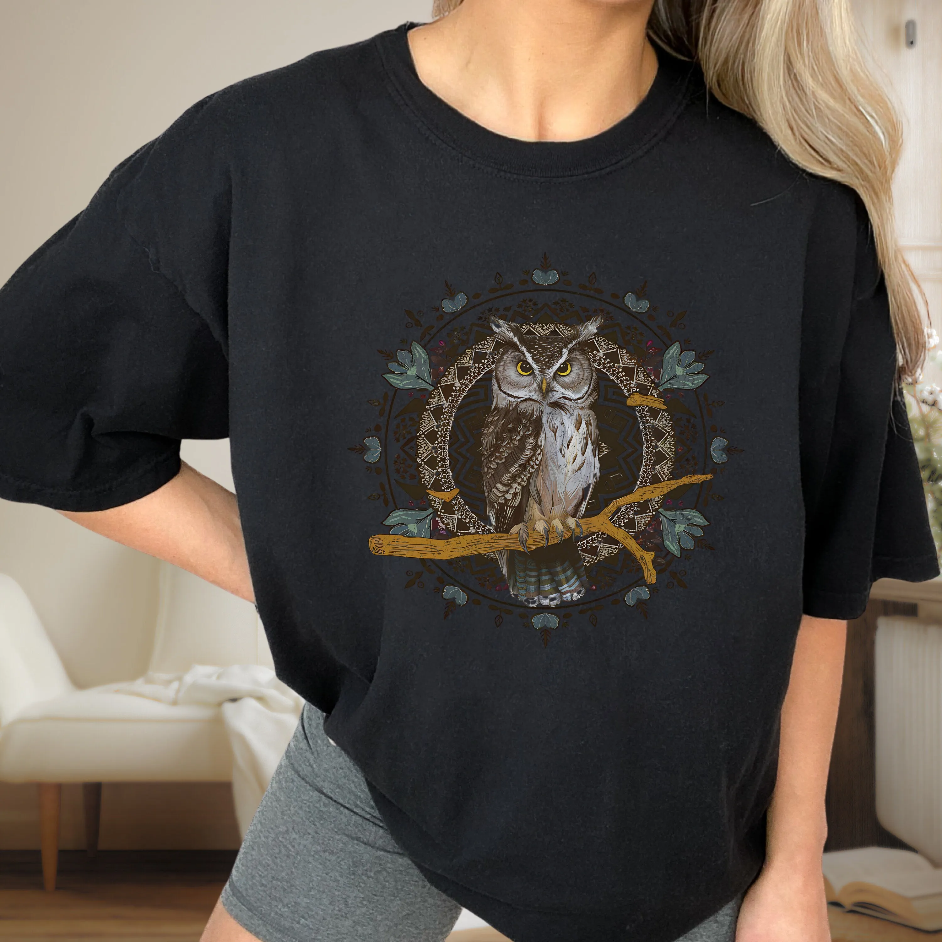 Bohemian Owl T-Shirt, Tribal Pattern Animal Print, Unisex Casual Wear, Nature Inspired Tee, Mandala Art Design Shirt, Graphic Sweatshirt