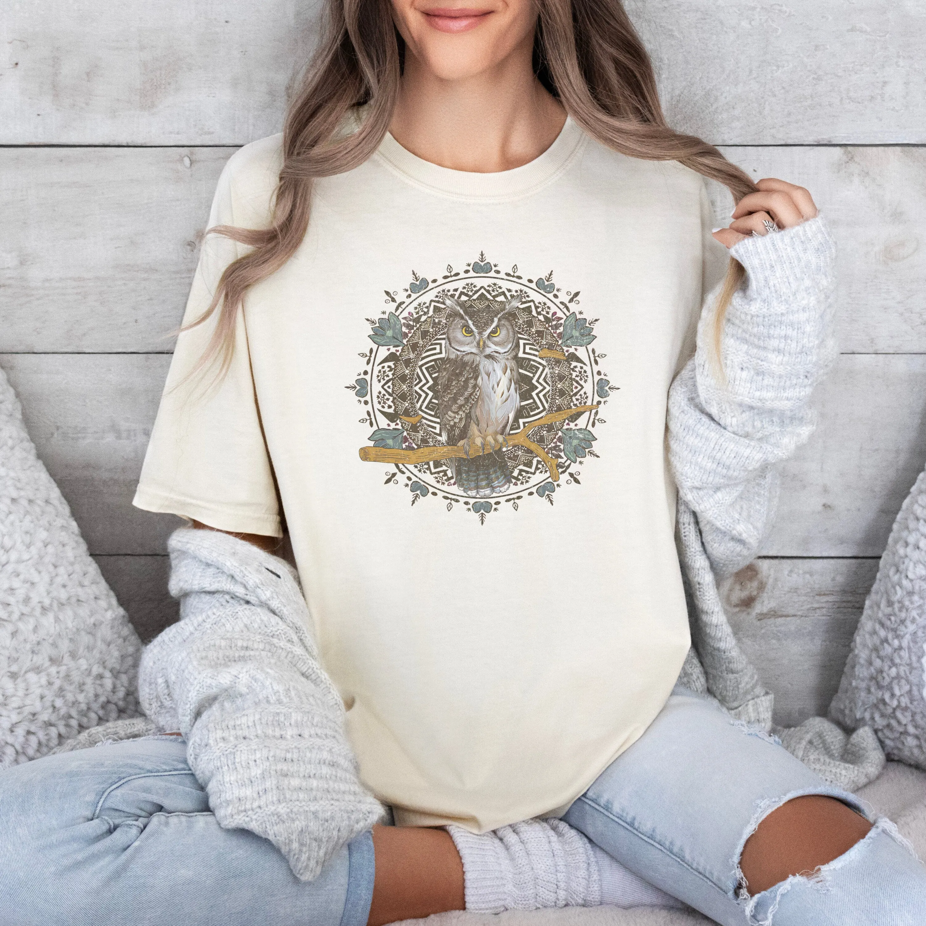 Bohemian Owl T-Shirt, Tribal Pattern Animal Print, Unisex Casual Wear, Nature Inspired Tee, Mandala Art Design Shirt, Graphic Sweatshirt