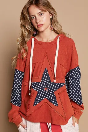 Bohemian Red Star Patchwork Raw Edge French Terry Hoodie