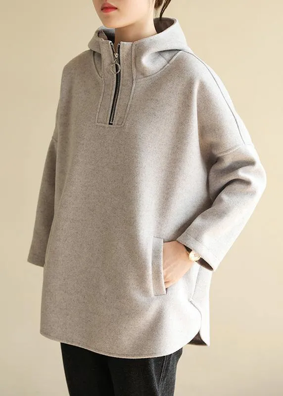 Bohemian zippered cotton hooded crane tops Fabrics gray Sweatshirt