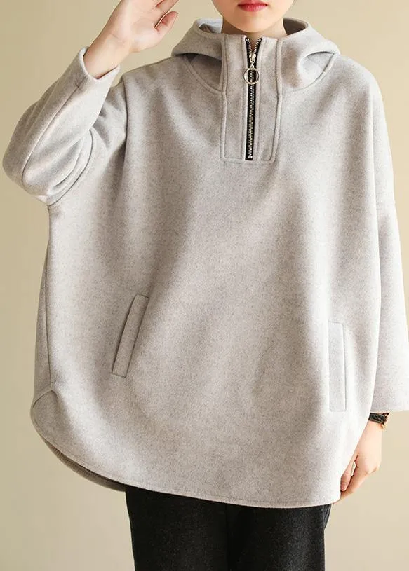 Bohemian zippered cotton hooded crane tops Fabrics gray Sweatshirt