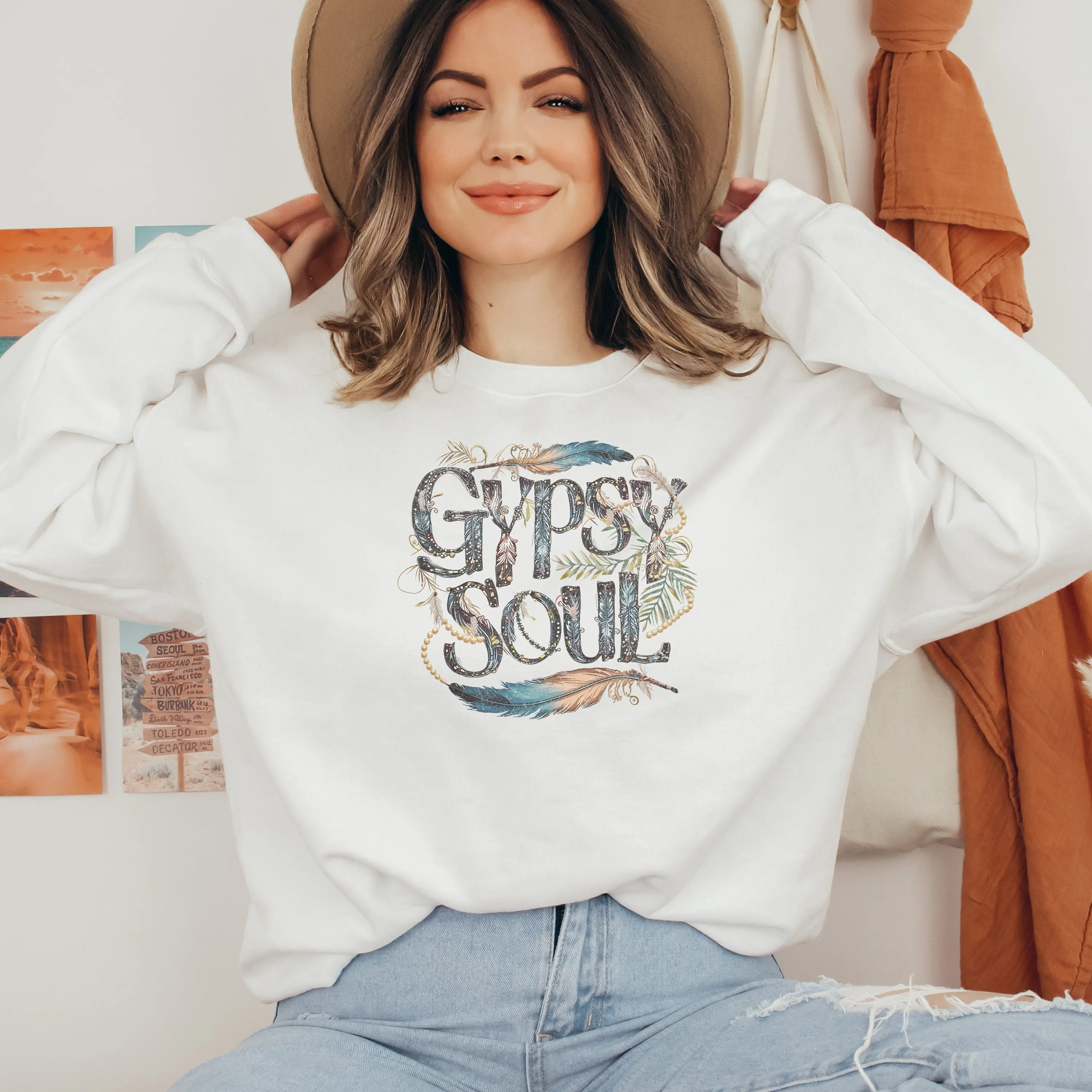 Boho Chic Gypsy Soul T-Shirt, Whimsical Wanderlust Travel Tee, Graphic Feather and Beads Top, Free Spirt Sweatshirt