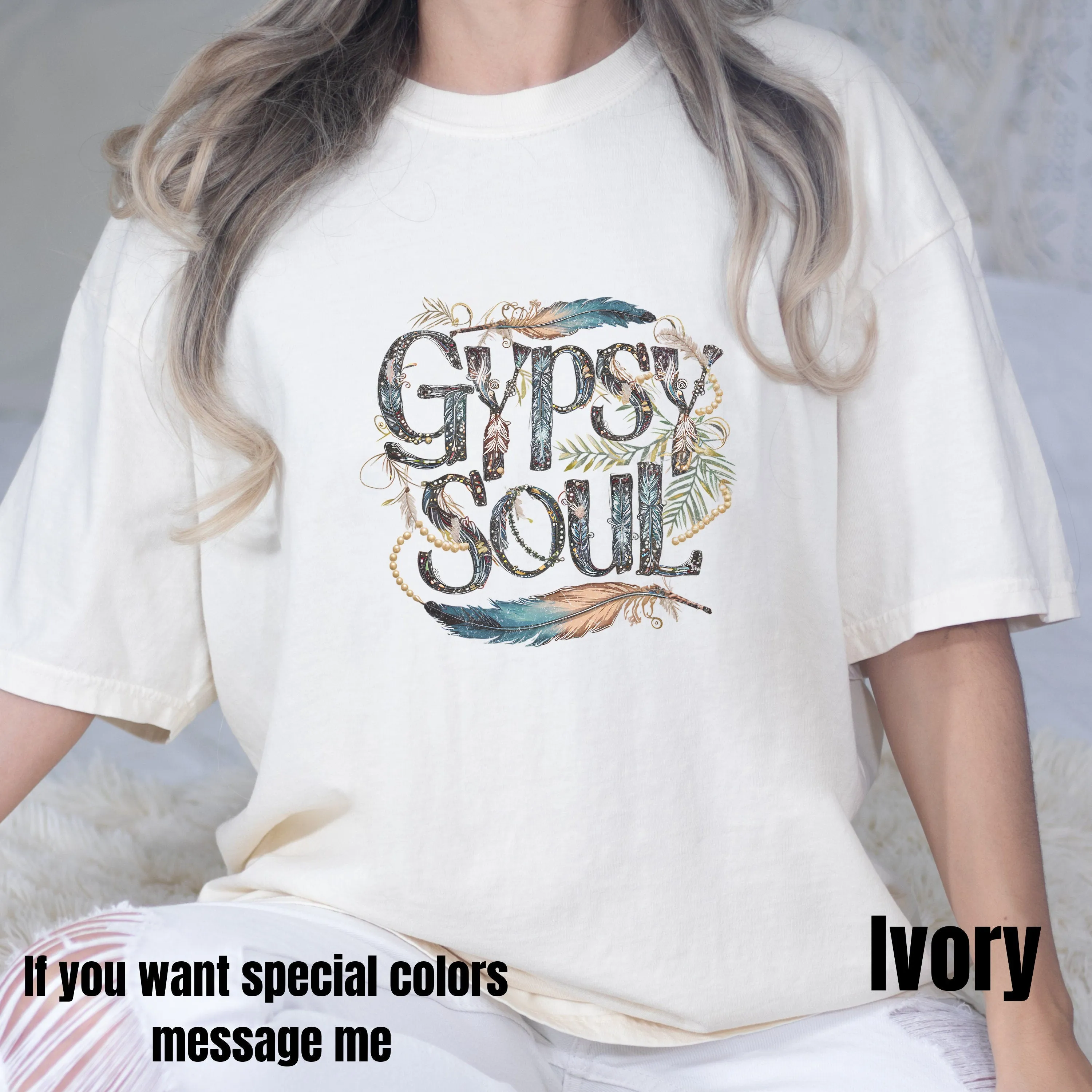 Boho Chic Gypsy Soul T-Shirt, Whimsical Wanderlust Travel Tee, Graphic Feather and Beads Top, Free Spirt Sweatshirt