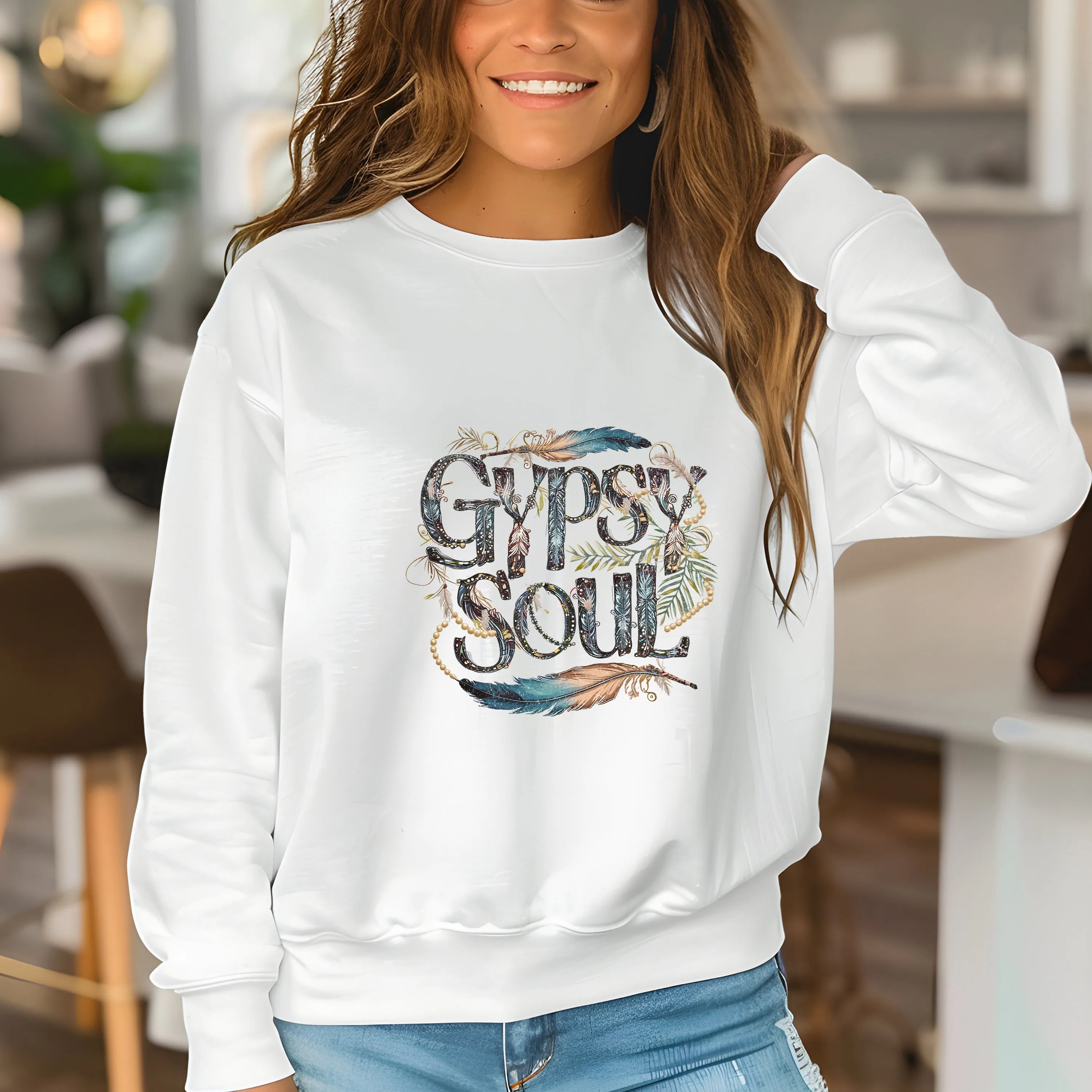 Boho Chic Gypsy Soul T-Shirt, Whimsical Wanderlust Travel Tee, Graphic Feather and Beads Top, Free Spirt Sweatshirt