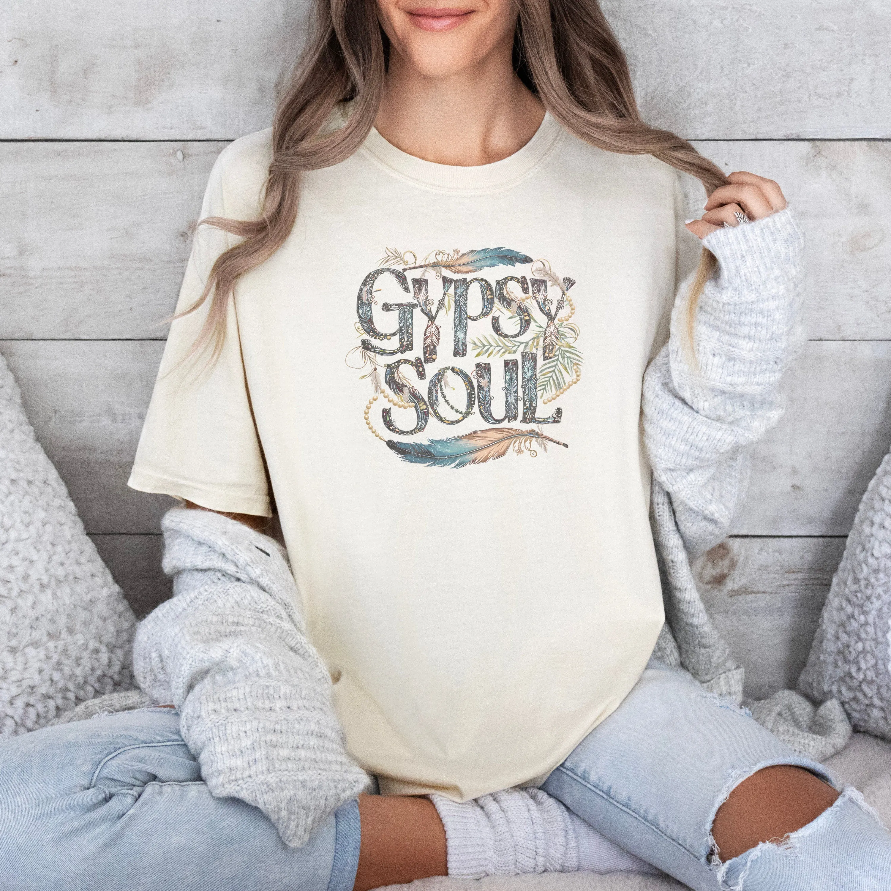 Boho Chic Gypsy Soul T-Shirt, Whimsical Wanderlust Travel Tee, Graphic Feather and Beads Top, Free Spirt Sweatshirt