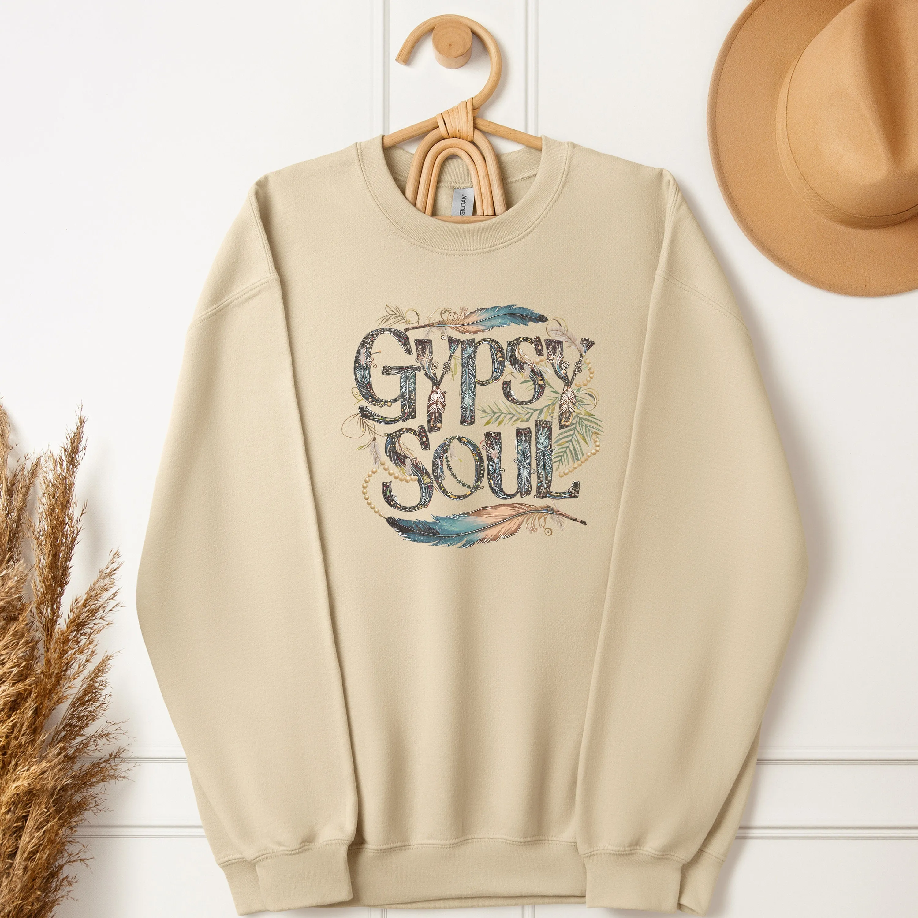 Boho Chic Gypsy Soul T-Shirt, Whimsical Wanderlust Travel Tee, Graphic Feather and Beads Top, Free Spirt Sweatshirt