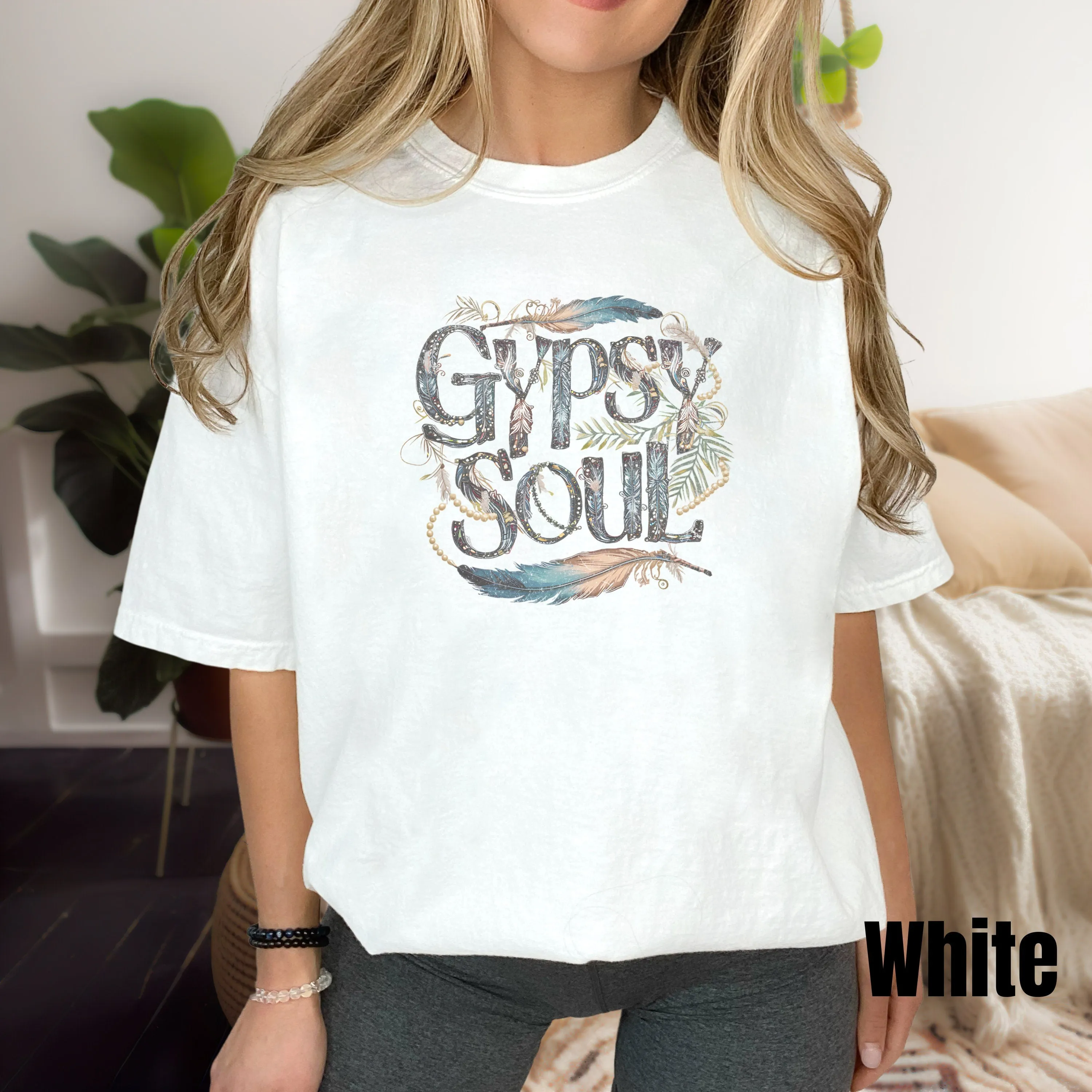 Boho Chic Gypsy Soul T-Shirt, Whimsical Wanderlust Travel Tee, Graphic Feather and Beads Top, Free Spirt Sweatshirt