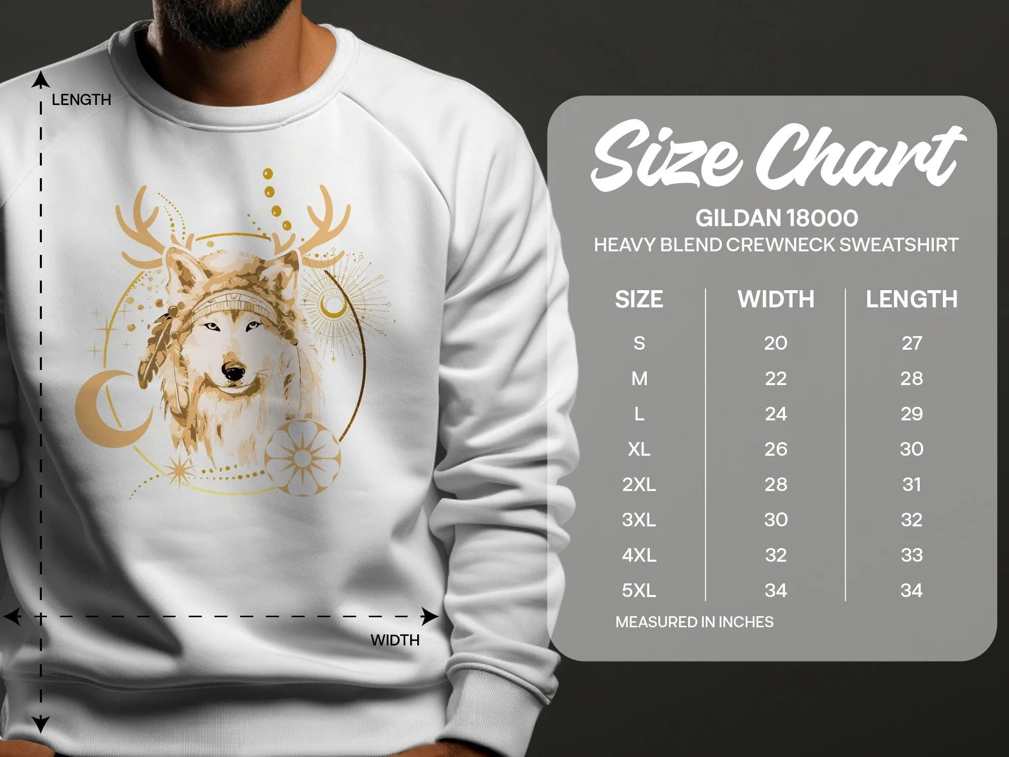 Boho Chic Wolf Sweatshirt, Golden Accents, Nature Inspired, Unisex Graphic Tee, Modern Tribal Wolf Art,