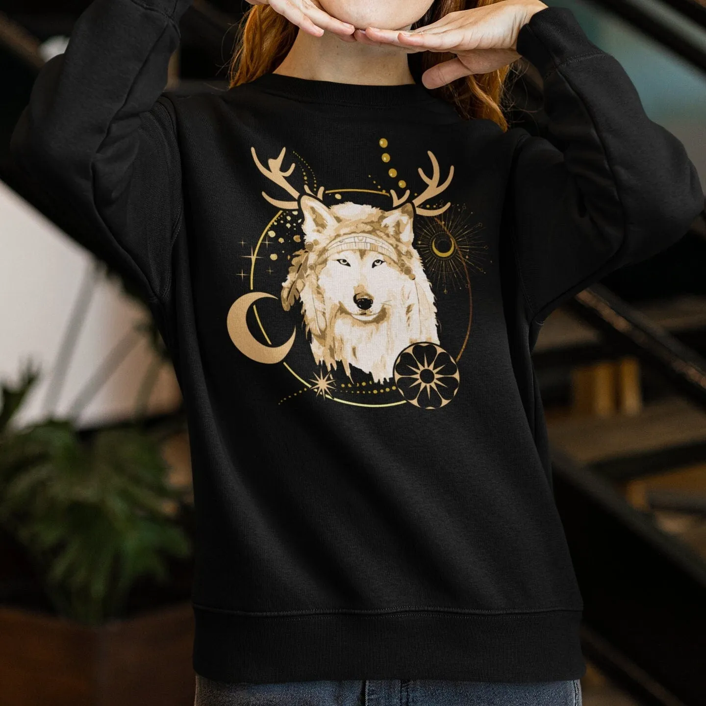 Boho Chic Wolf Sweatshirt, Golden Accents, Nature Inspired, Unisex Graphic Tee, Modern Tribal Wolf Art,