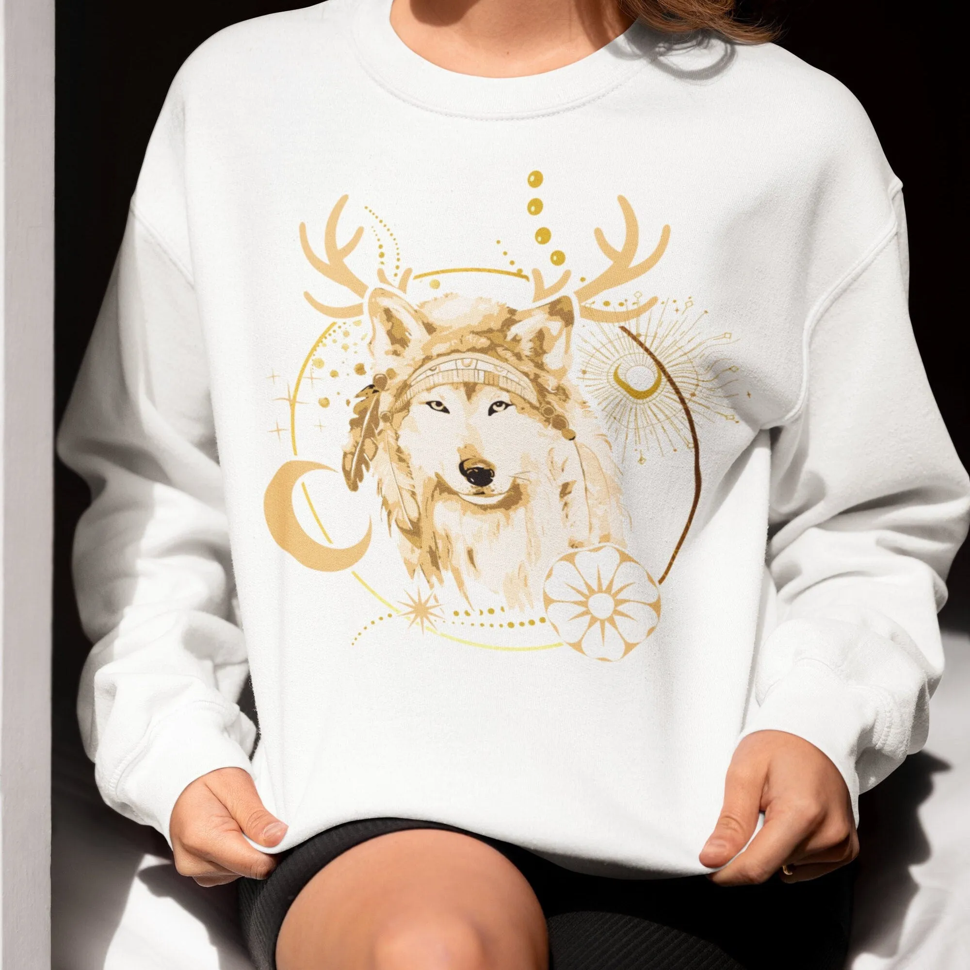 Boho Chic Wolf Sweatshirt, Golden Accents, Nature Inspired, Unisex Graphic Tee, Modern Tribal Wolf Art,