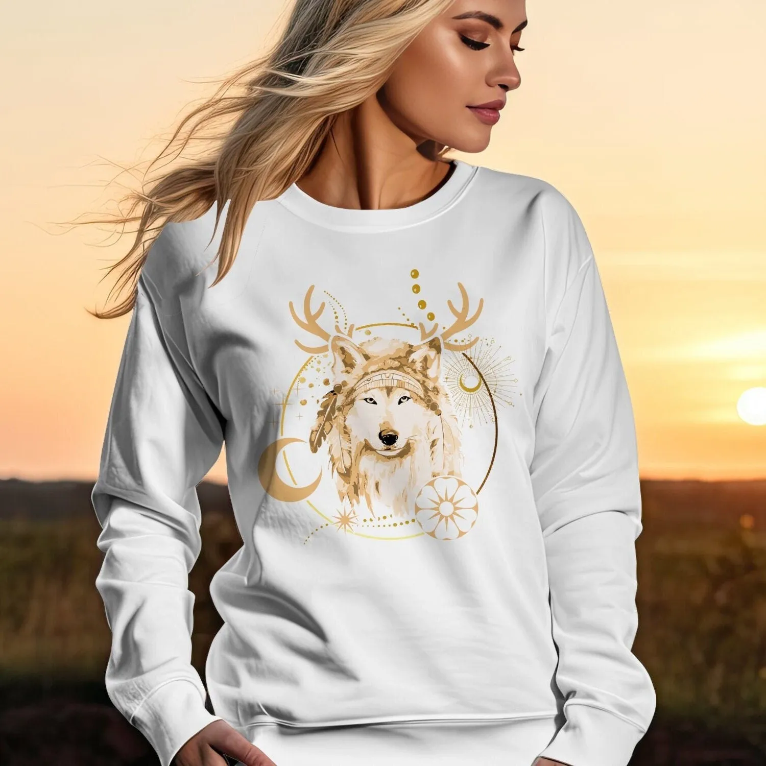 Boho Chic Wolf Sweatshirt, Golden Accents, Nature Inspired, Unisex Graphic Tee, Modern Tribal Wolf Art,