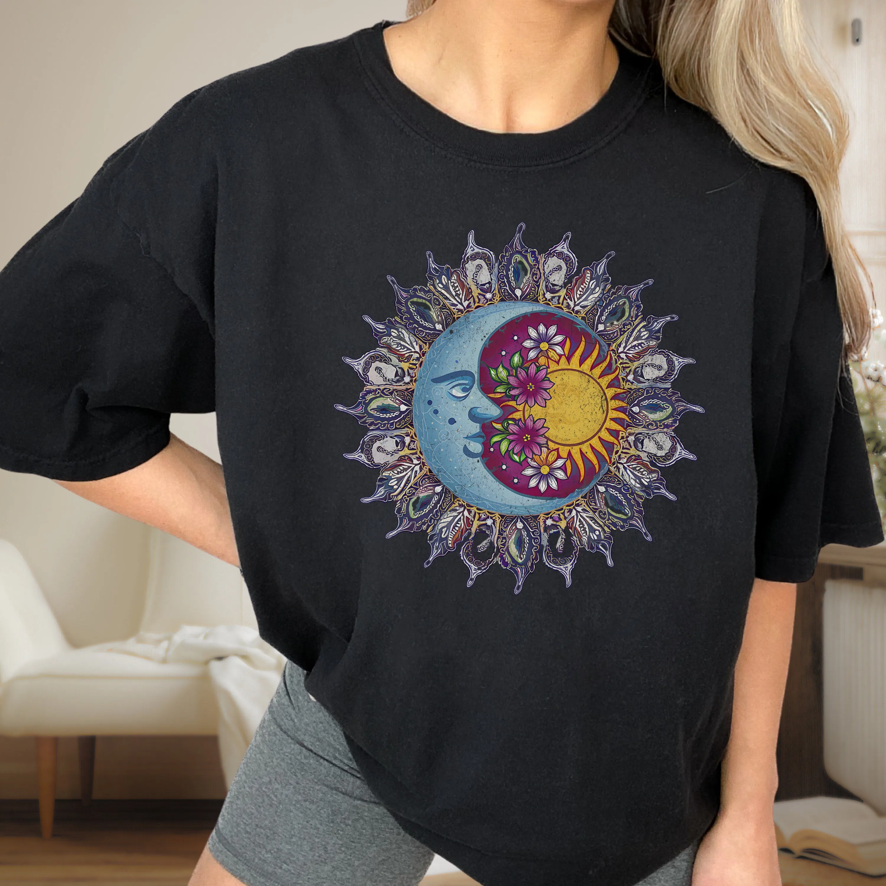 Boho Sun and Moon T-Shirt, Celestial Bodies with Flowers, Unisex Graphic Tee, Artsy Nature Inspired Shirt, Spiritual Sweatshirt